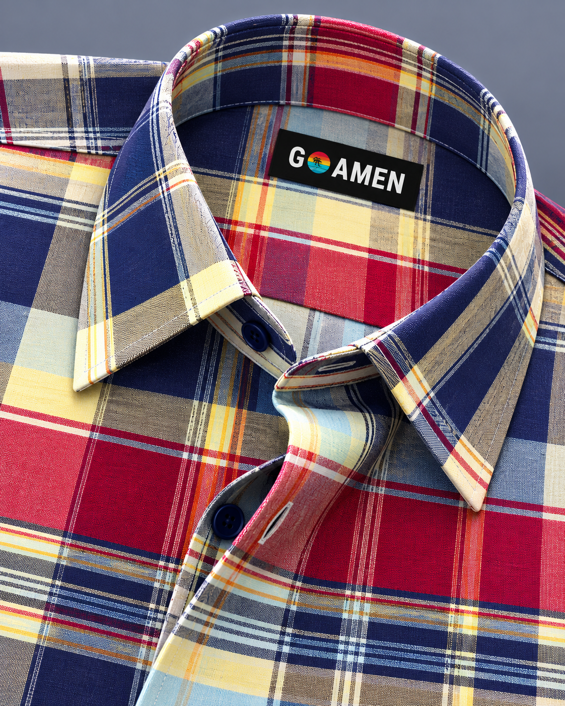 GOAMEN Men's Navy Blue, Red & Yellow Multicolour Plaid Shirt