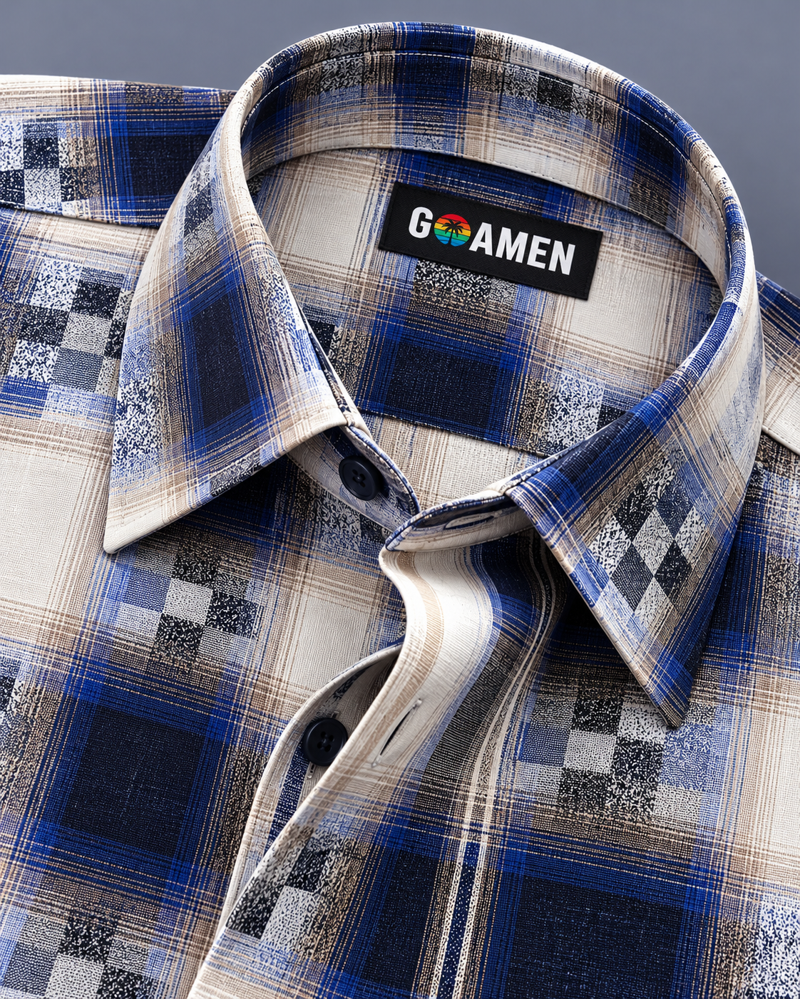 GOAMEN Men's Blue, Beige & Black Plaid Check Shirt