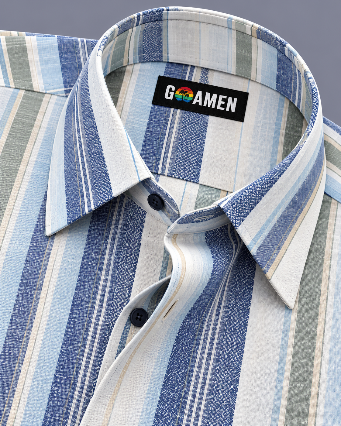 GOAMEN Men's Blue, Grey & White Vertical Striped Shirt