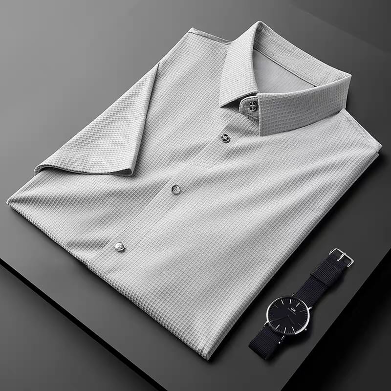 Men's Gray Textured Half Sleeve Shirt - Goamen
