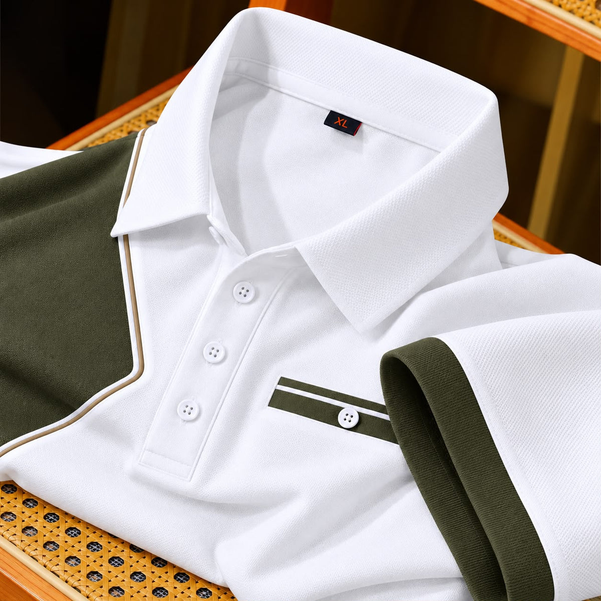 Men’s White Olive Contrast Panel Polo T-Shirt