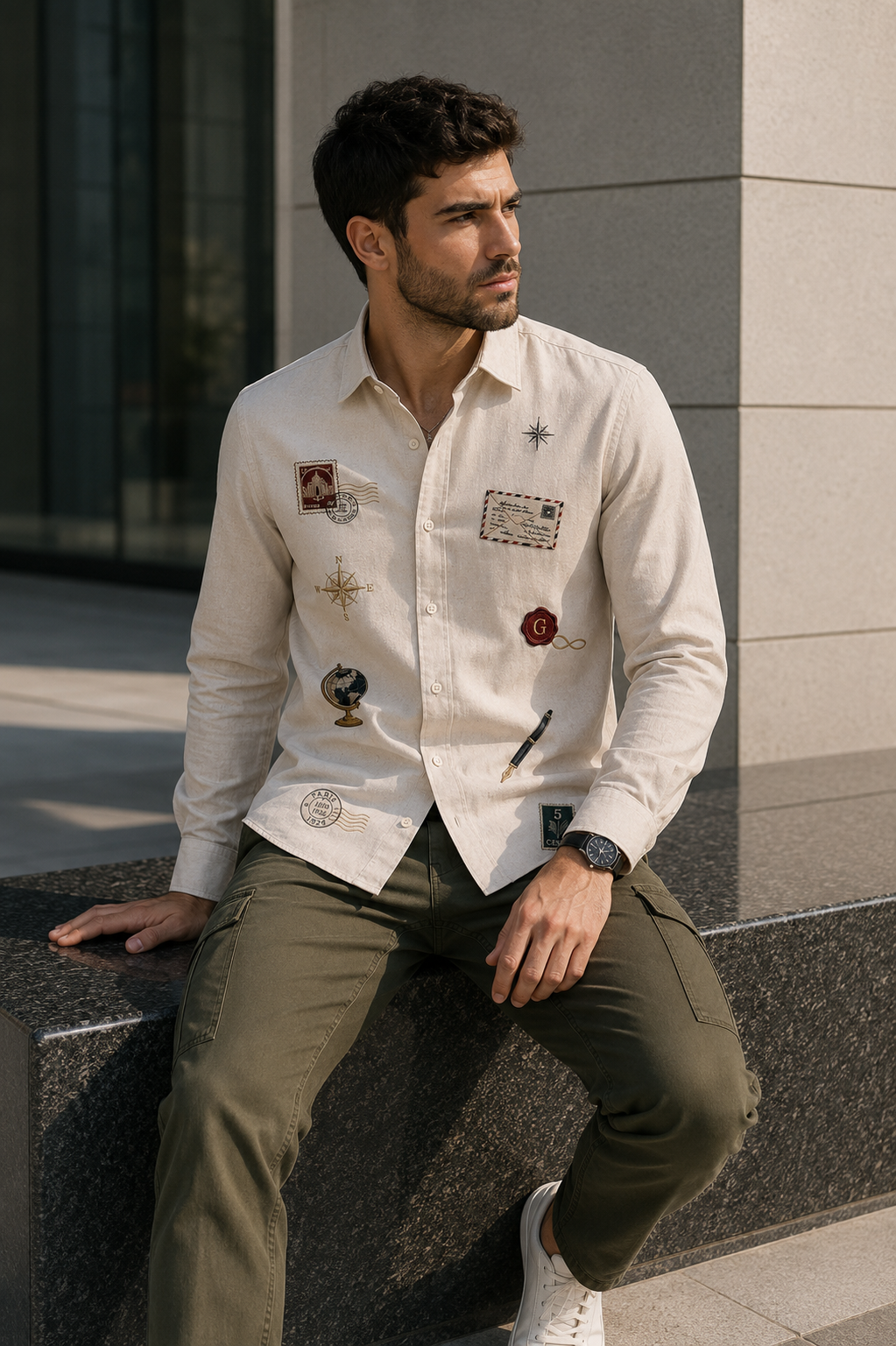 Men’s Ivory Travel Badge Embroidered Full Sleeve Shirt
