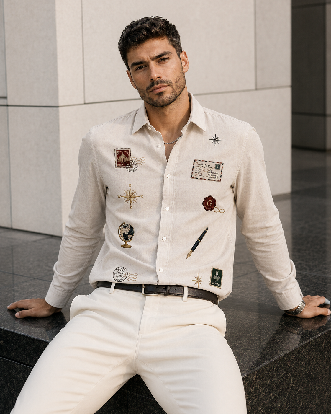 Men’s Ivory Travel Badge Embroidered Full Sleeve Shirt
