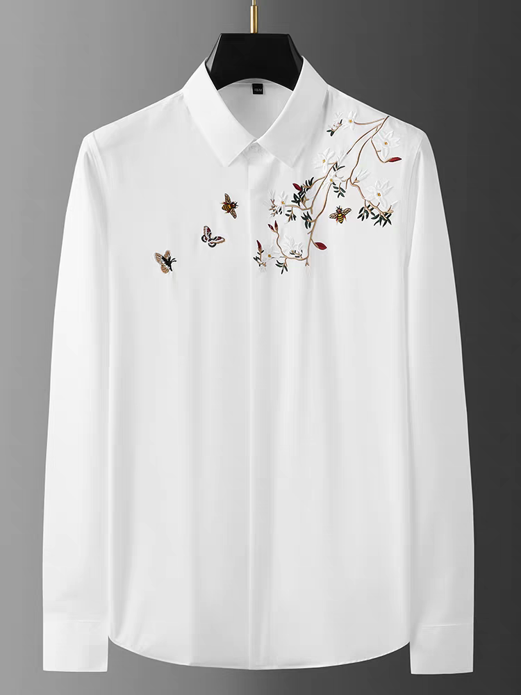 Men's White Flower Embroidered Logo Shirt - Goamen