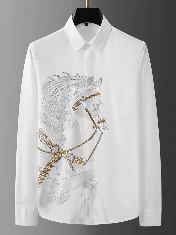 Luxury Rhinestone White Intricate Horse Design Shirt - Goamen