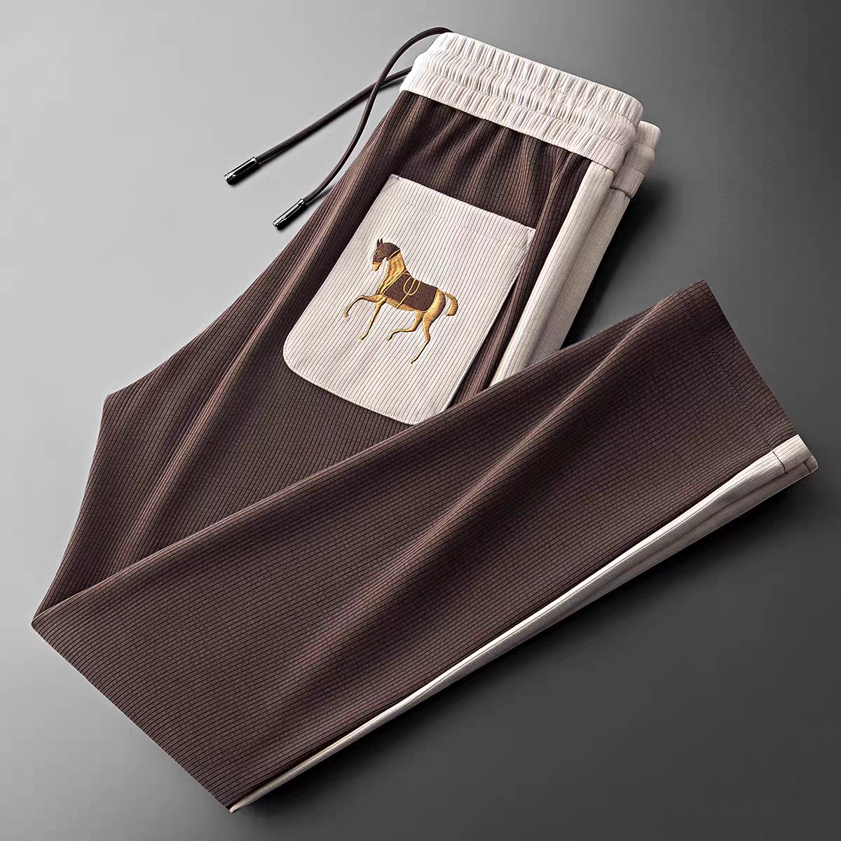 Men’s Brown Casual Ribbed Lounge Pants with Horse Embroidery