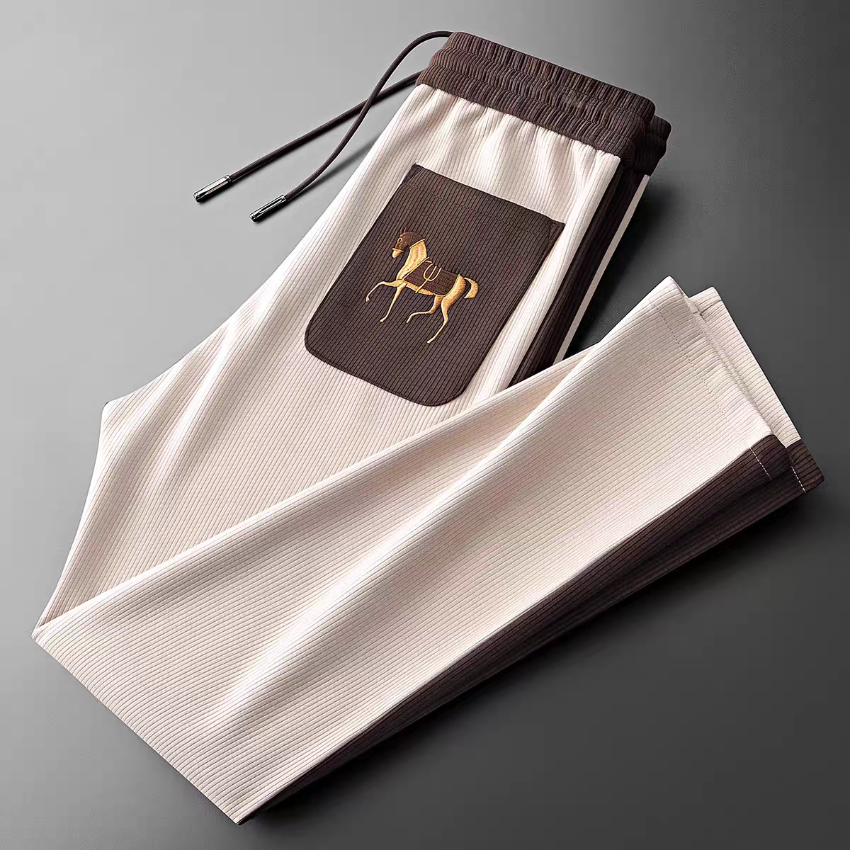 Men’s White Contrast Lounge Pants with Horse Embroidery