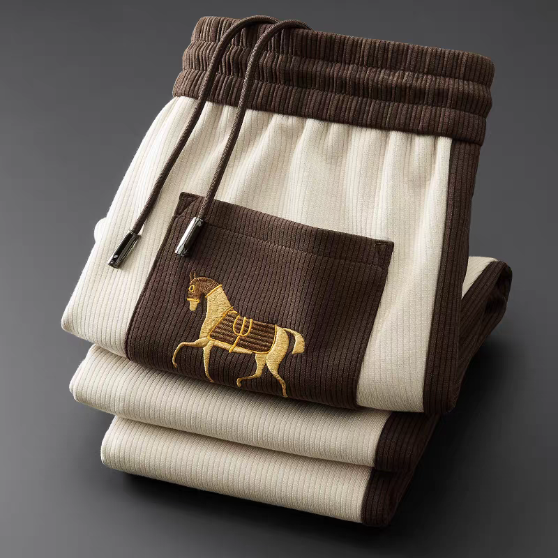 Men’s White Contrast Lounge Pants with Horse Embroidery