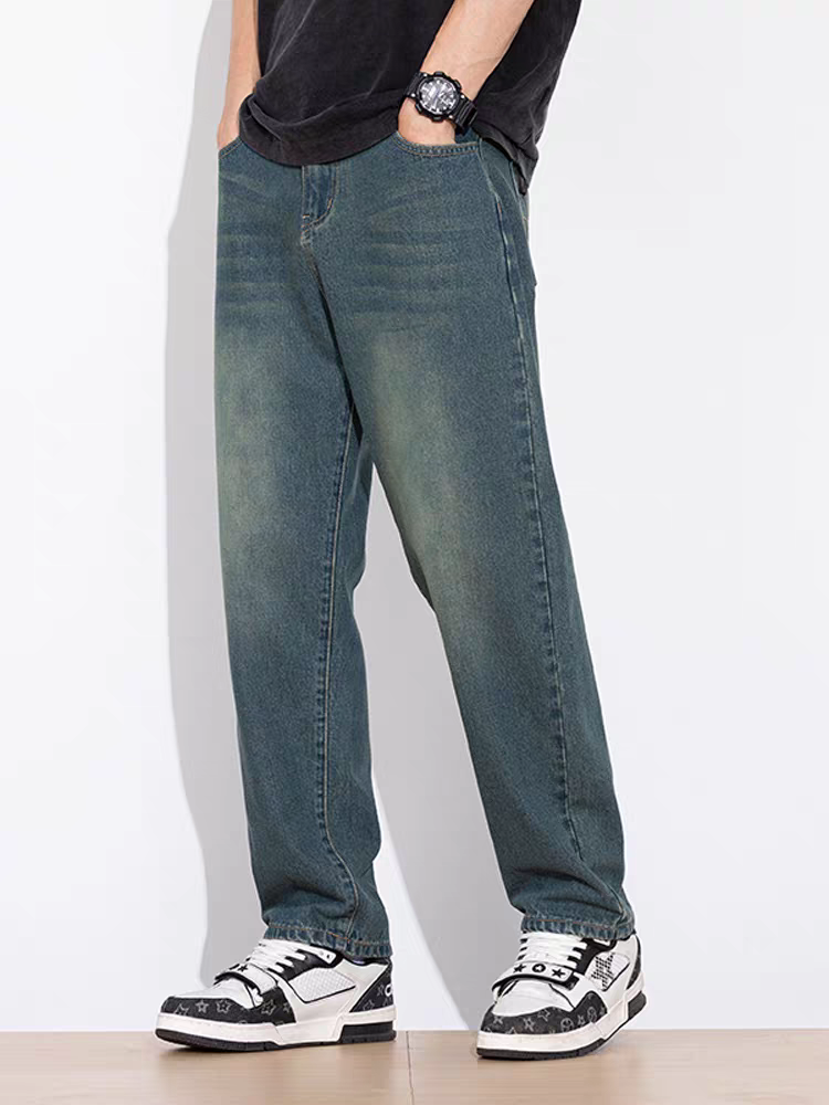Men’s Olive Green Washed Baggy Fit Denim Jeans