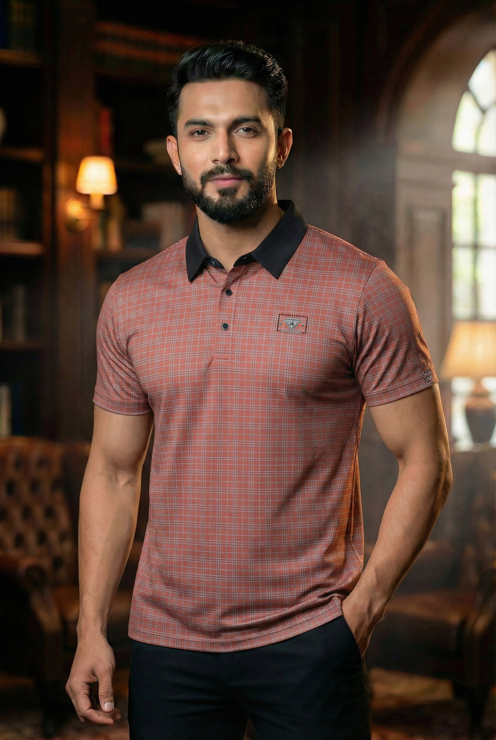 Goamen Rust Grid Contrast Polo T-Shirt