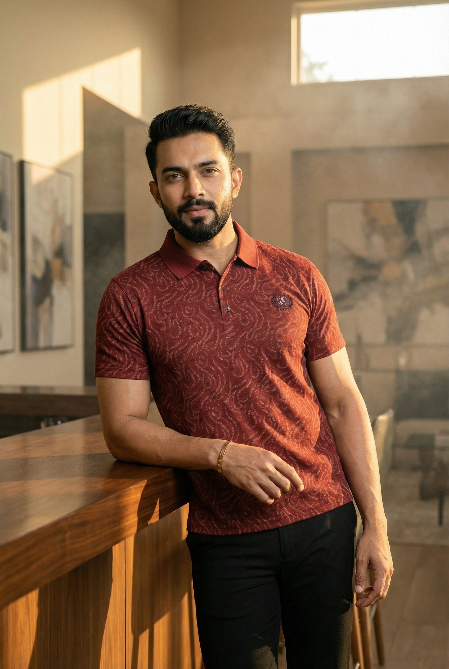 Goamen Textured Red Polo T-Shirt – Bold & Stylish Comfort