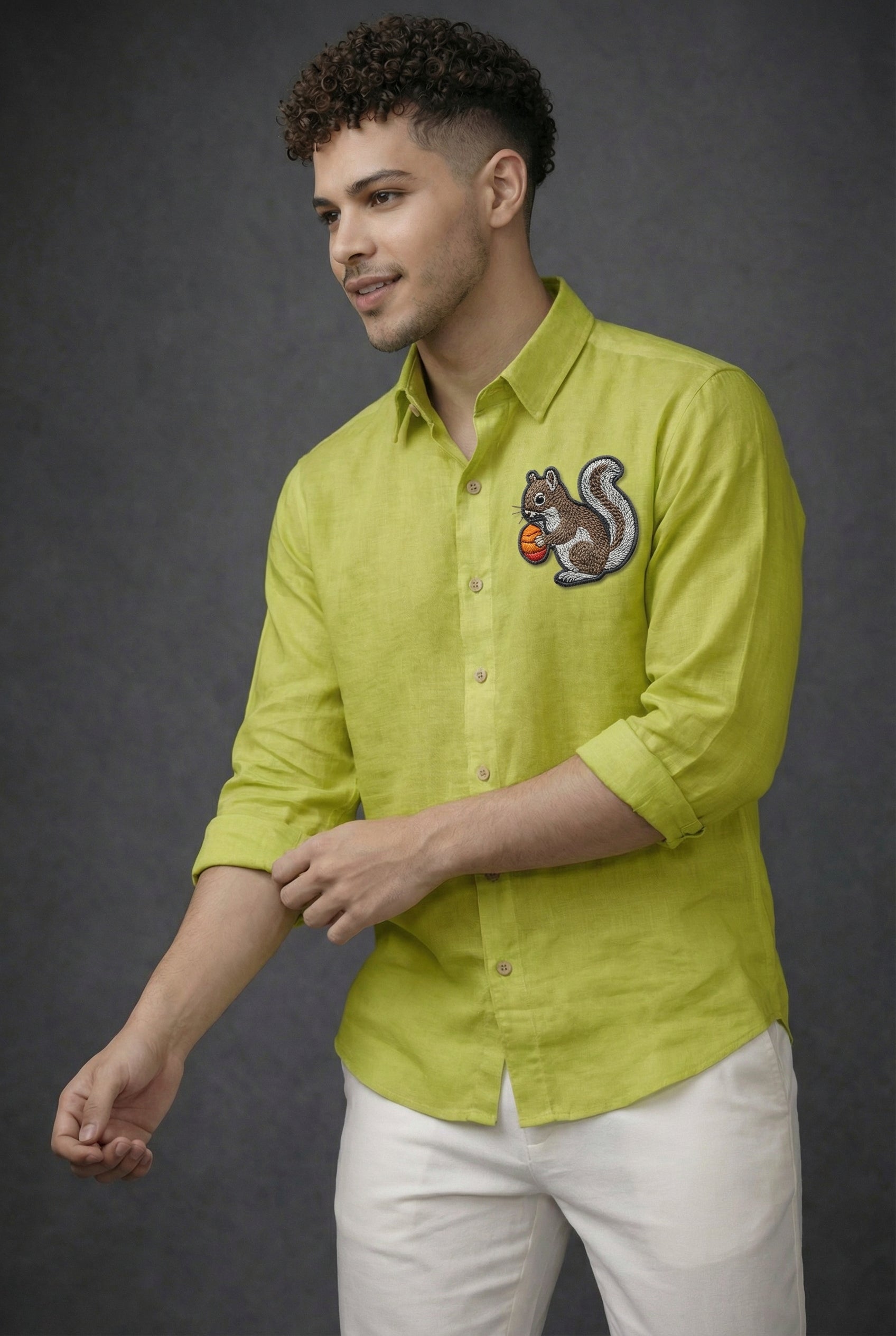 Nutcrest Squirrel Embroidered Shirt – Lime Green