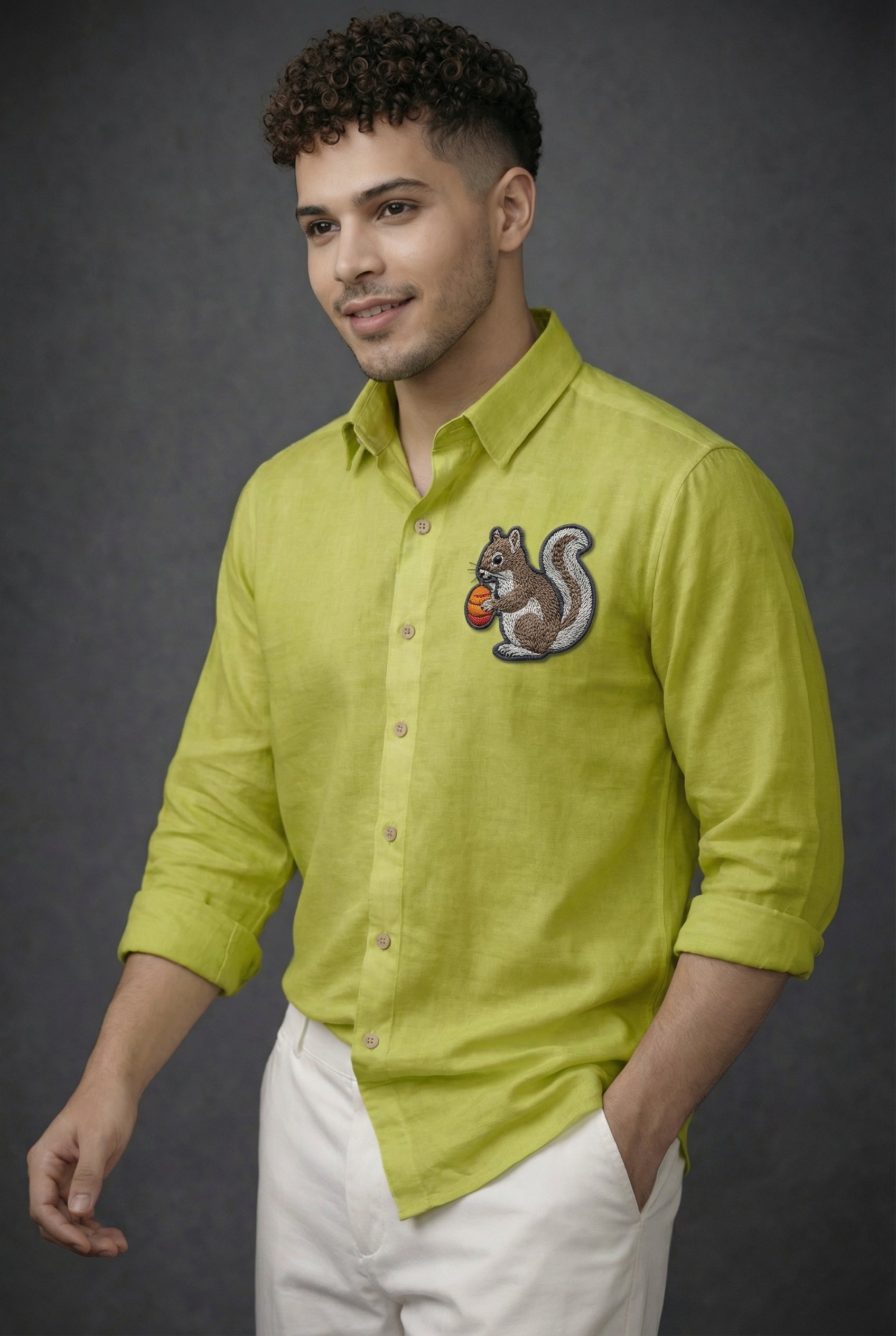 Nutcrest Squirrel Embroidered Shirt – Lime Green