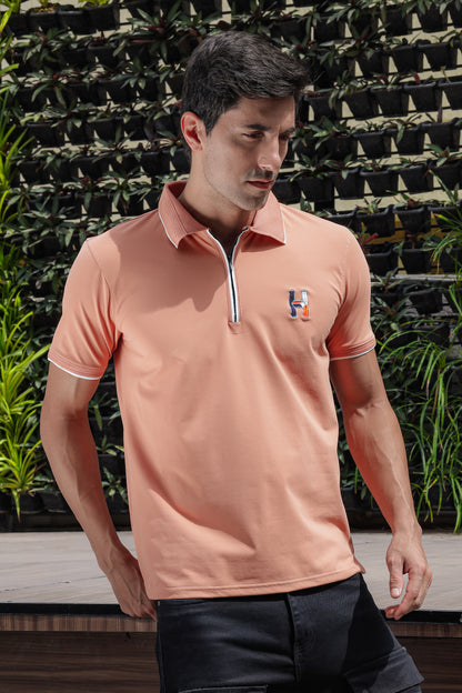 Zipper Polo Knit Half Sleeve Orange T-shirt - Goamen