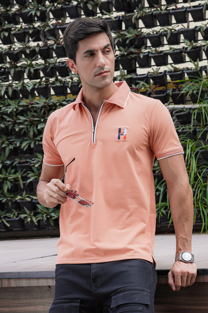 Zipper Polo Knit Half Sleeve Orange T-shirt - Goamen