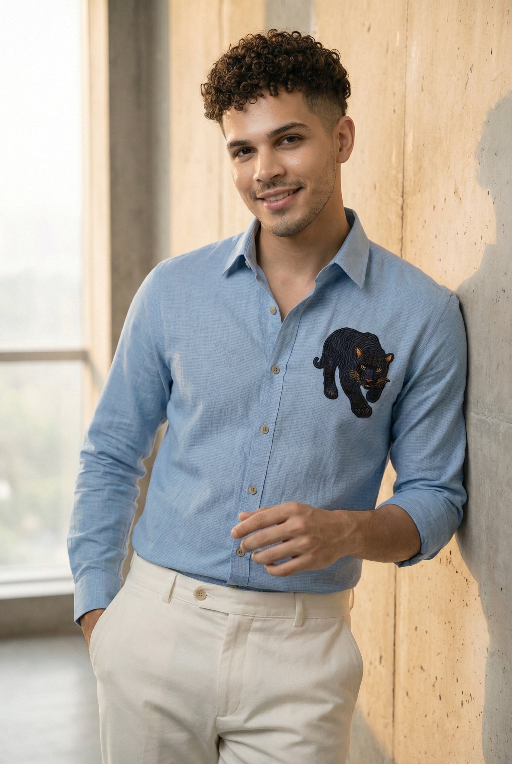 Riviera Midnight Panther Embroidered Shirt – Sky Blue