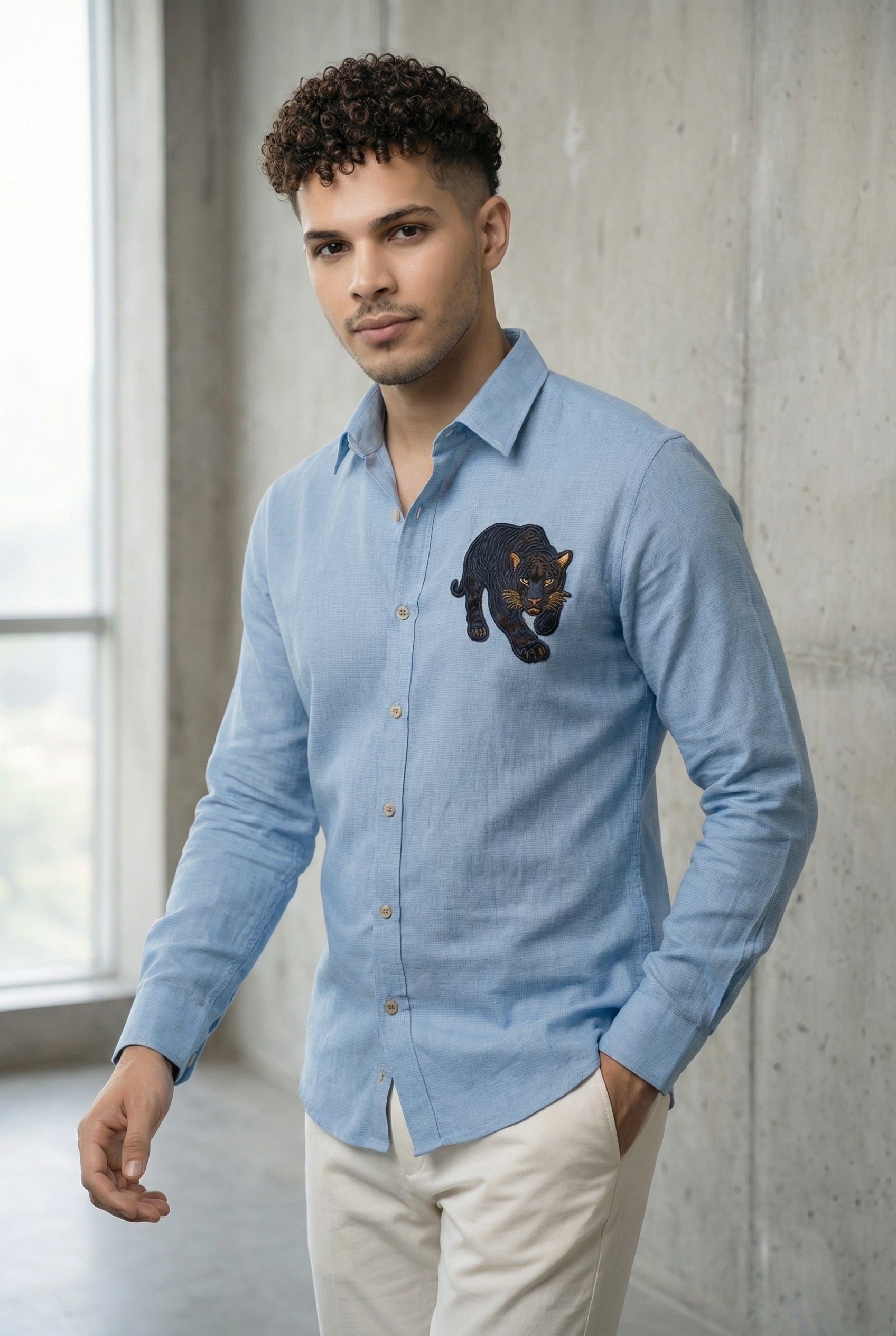 Riviera Midnight Panther Embroidered Shirt – Sky Blue