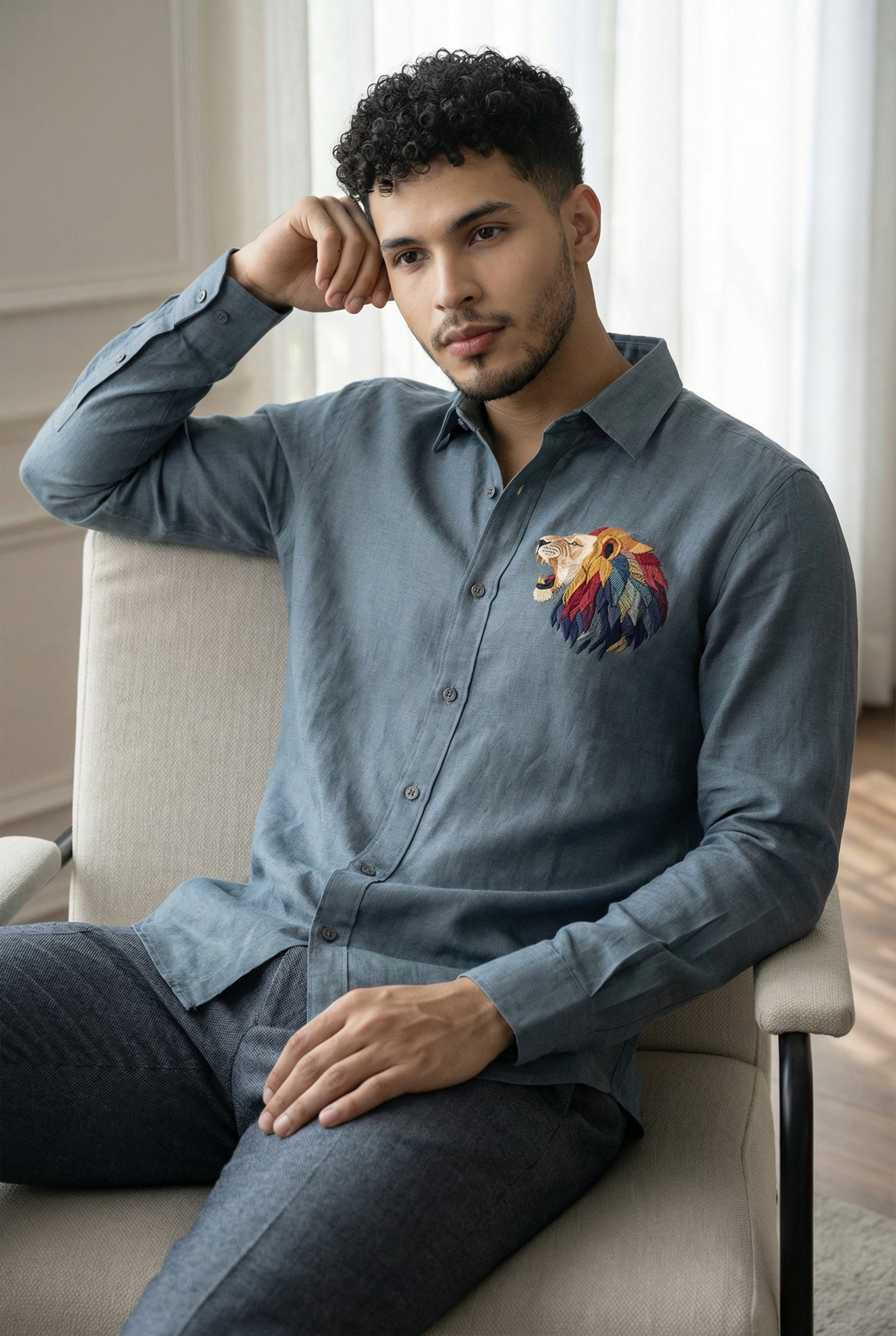 Riviera Royal Lion Embroidered Shirt – Slate Grey