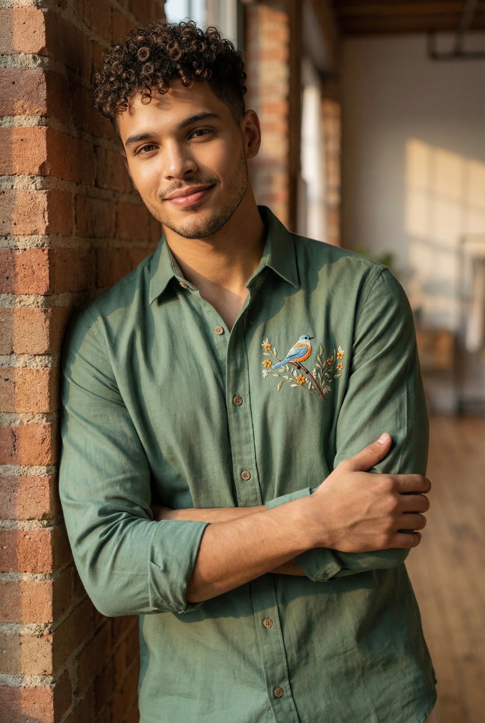 Riviera Woodland Bird Embroidered Shirt – Forest Green