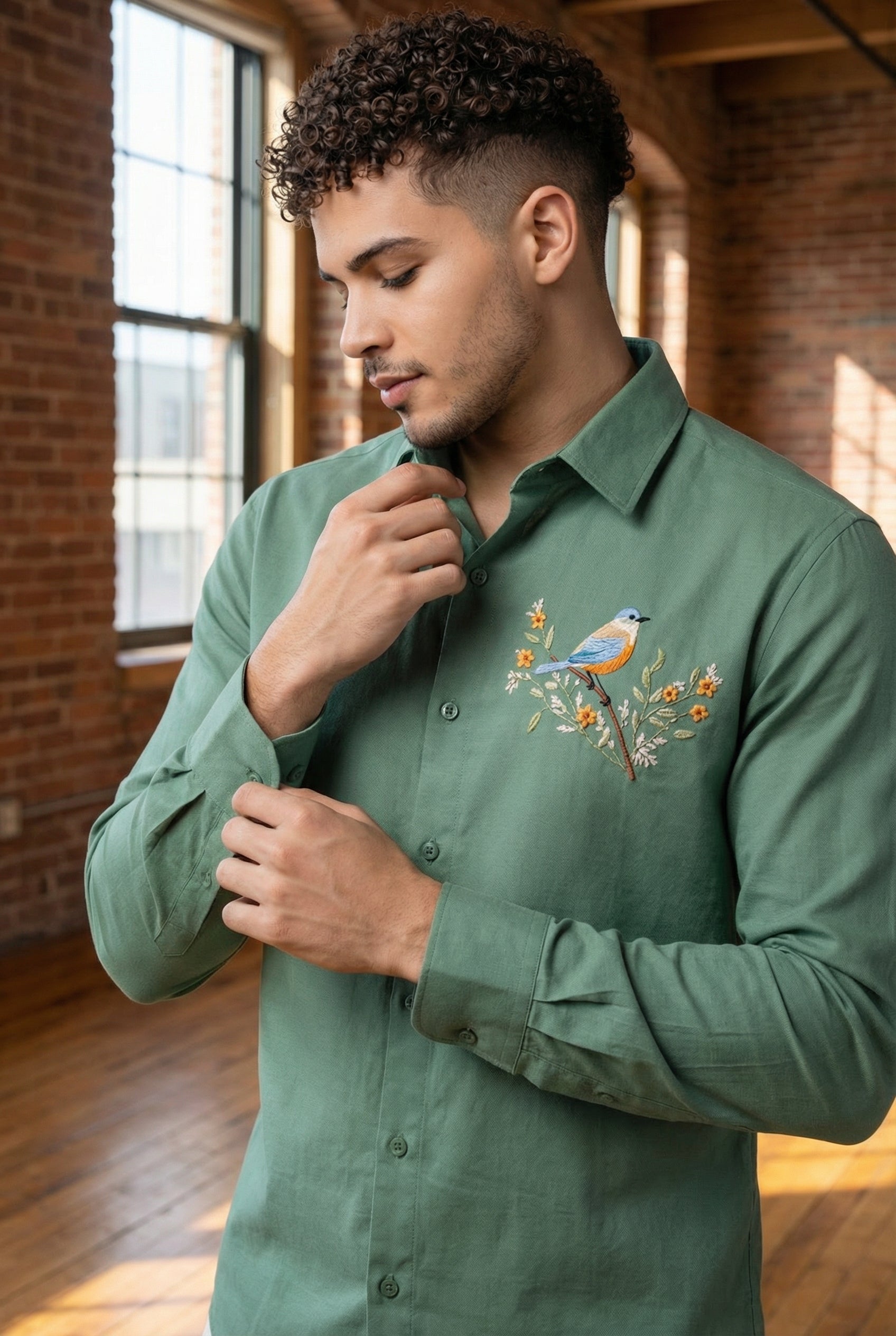 Riviera Woodland Bird Embroidered Shirt – Forest Green