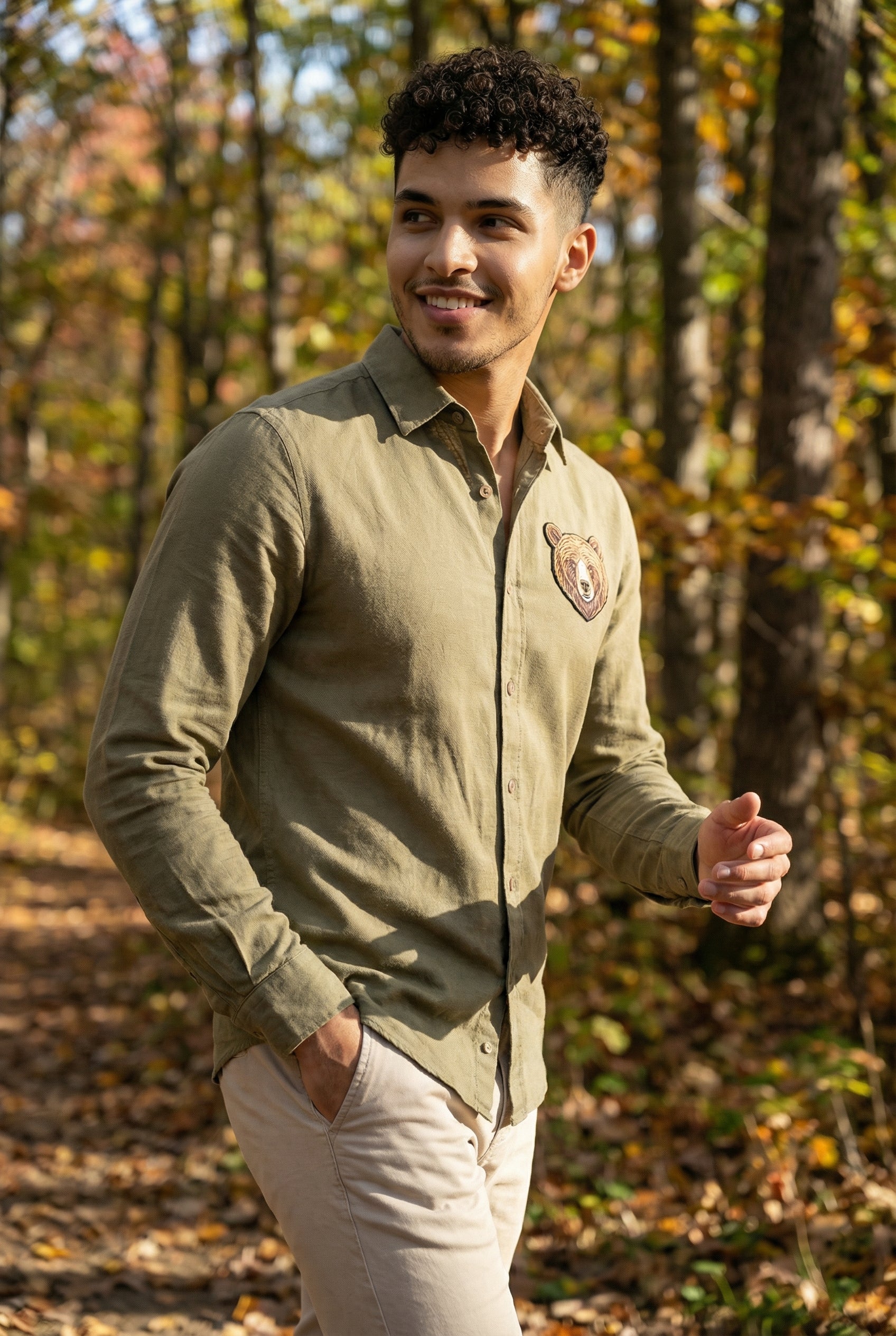Wild Crest Bear Embroidered Shirt – Olive Green