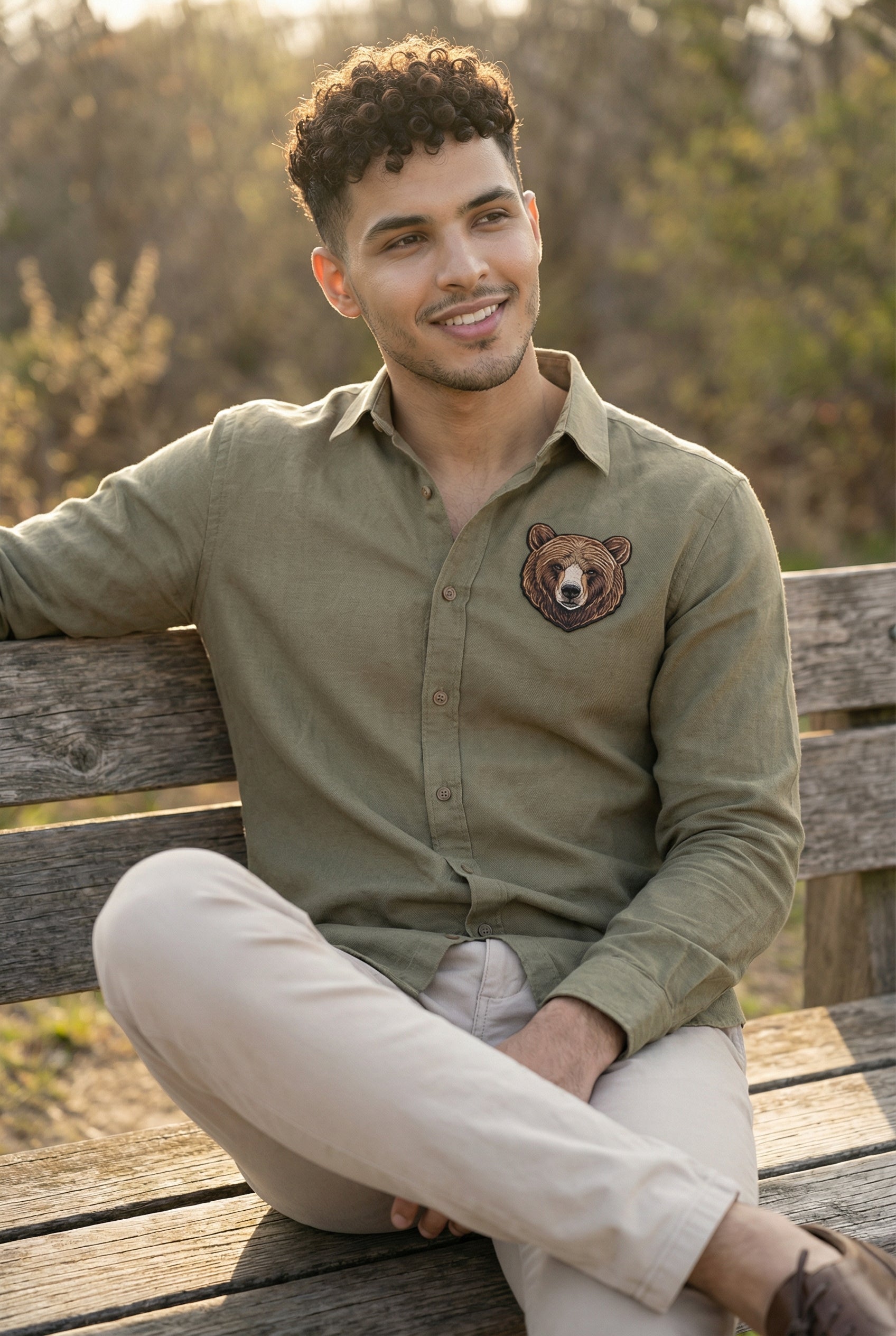 Wild Crest Bear Embroidered Shirt – Olive Green