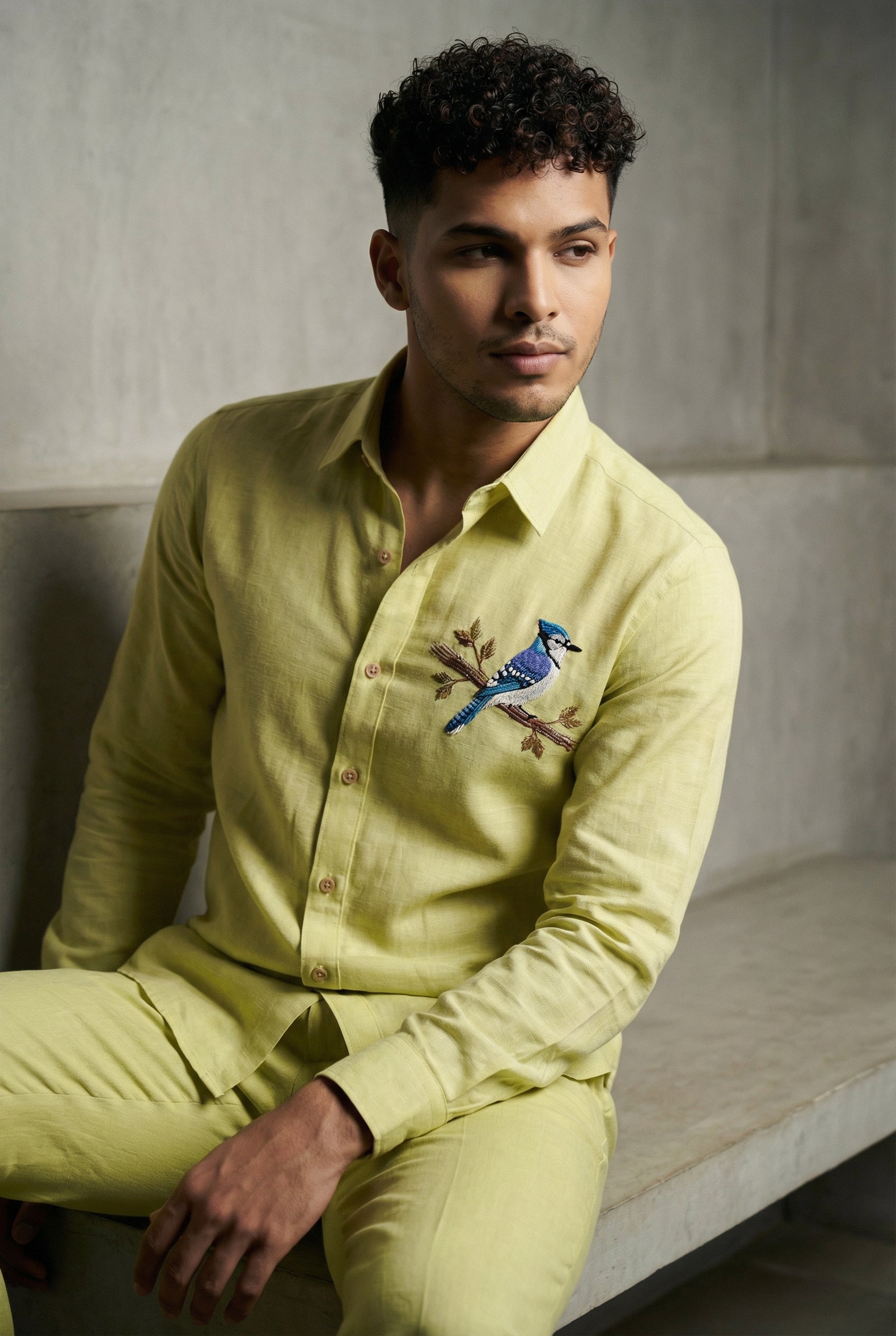 Azure Perch Embroidered Shirt – Pista Green