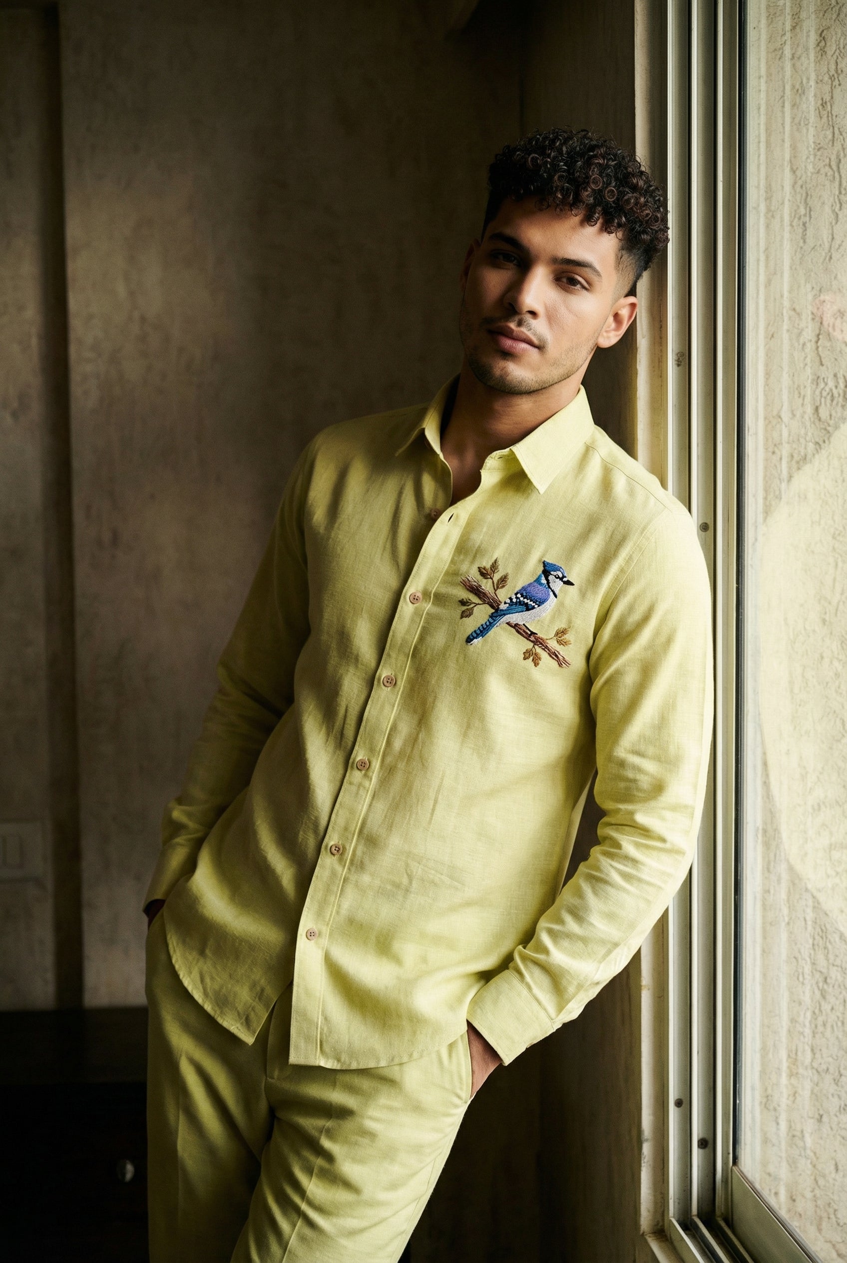 Azure Perch Embroidered Shirt – Pista Green