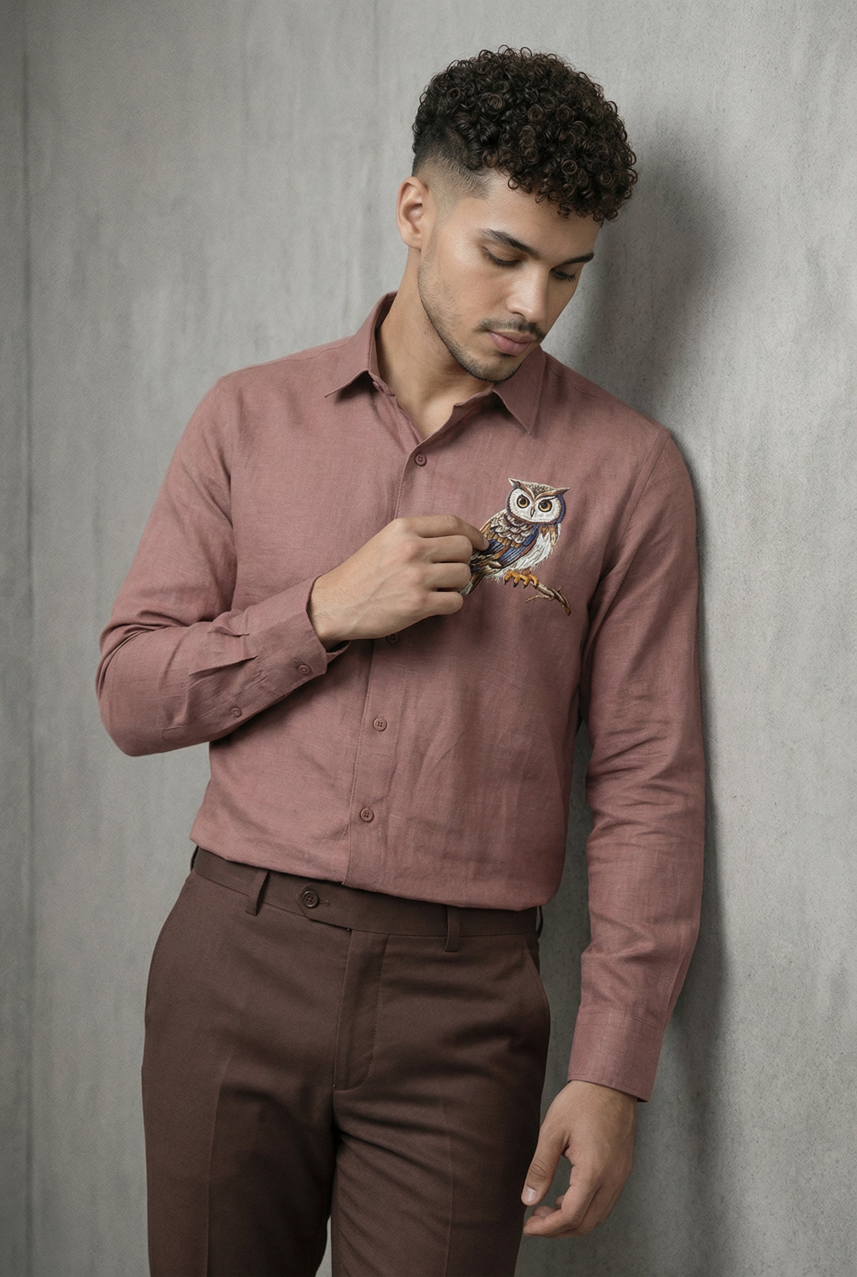 Night Crest Owl Embroidered Shirt – Rustic Brown
