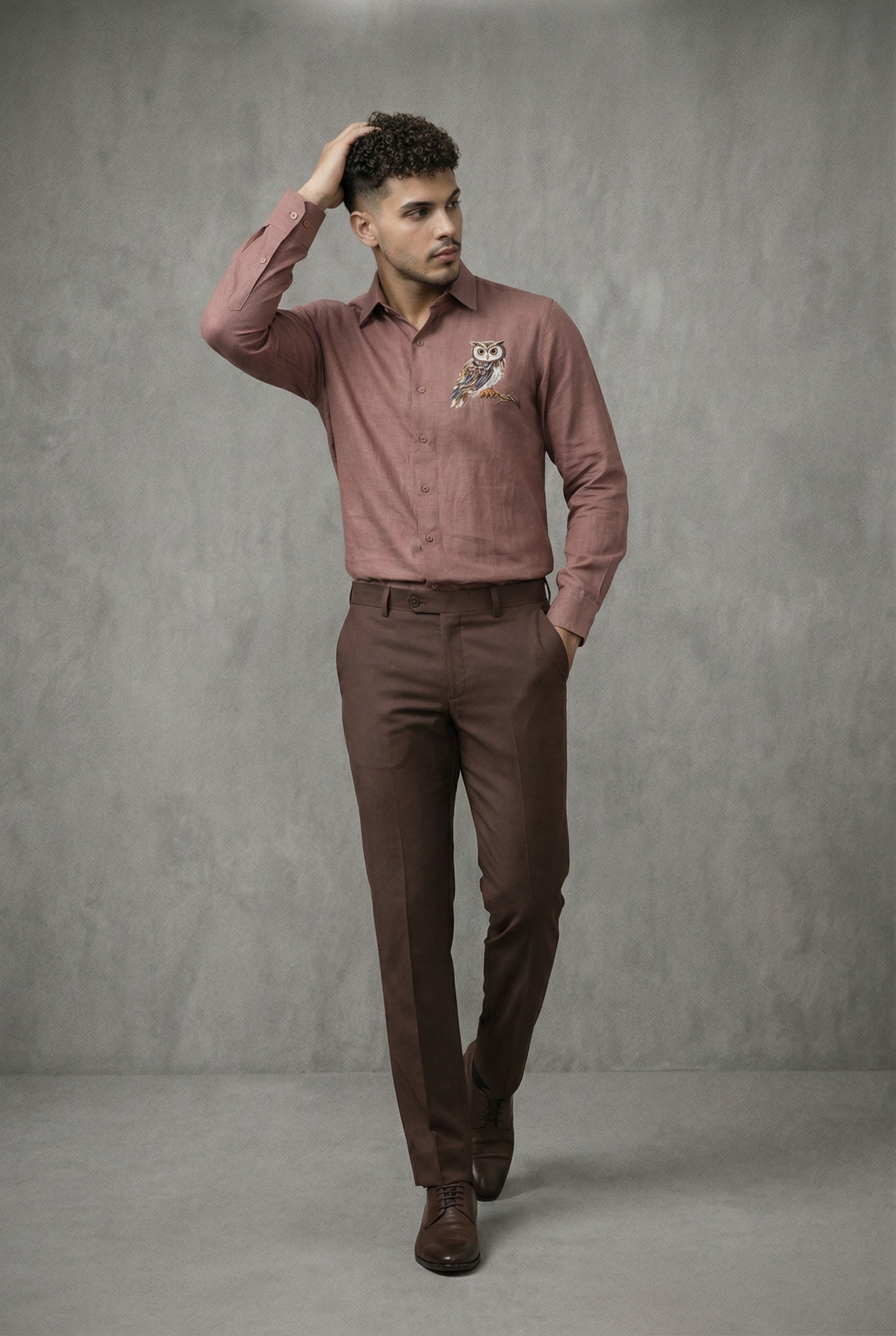 Night Crest Owl Embroidered Shirt – Rustic Brown