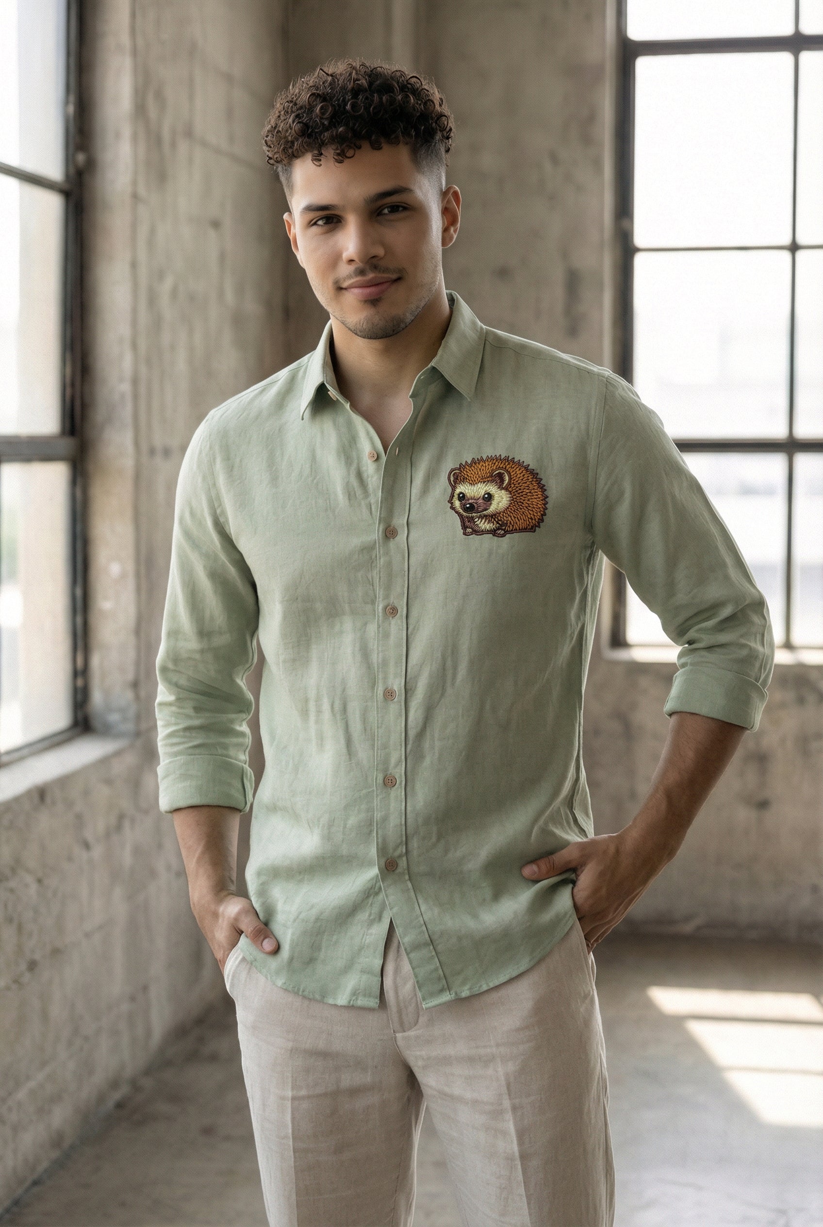 Woodland Charm Embroidered Shirt – Sage Green