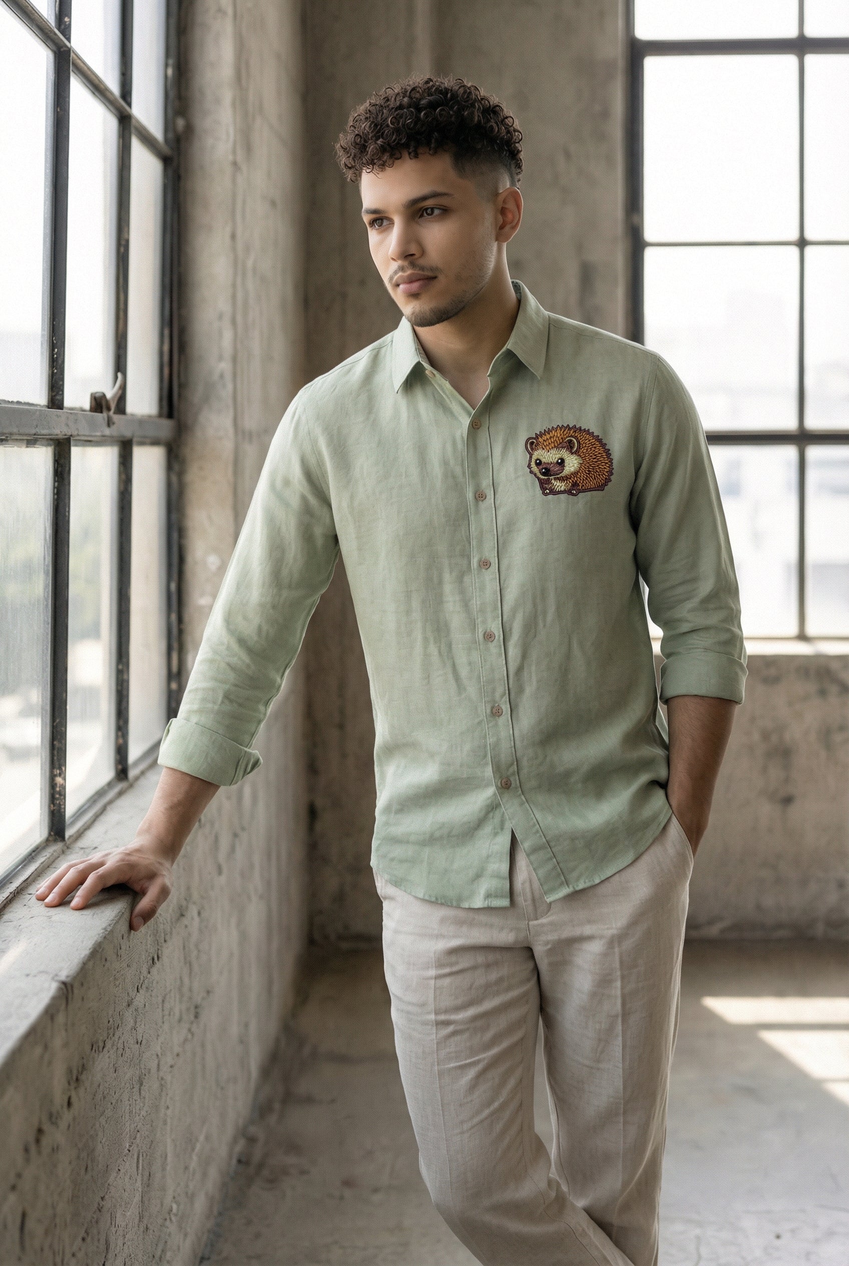 Woodland Charm Embroidered Shirt – Sage Green