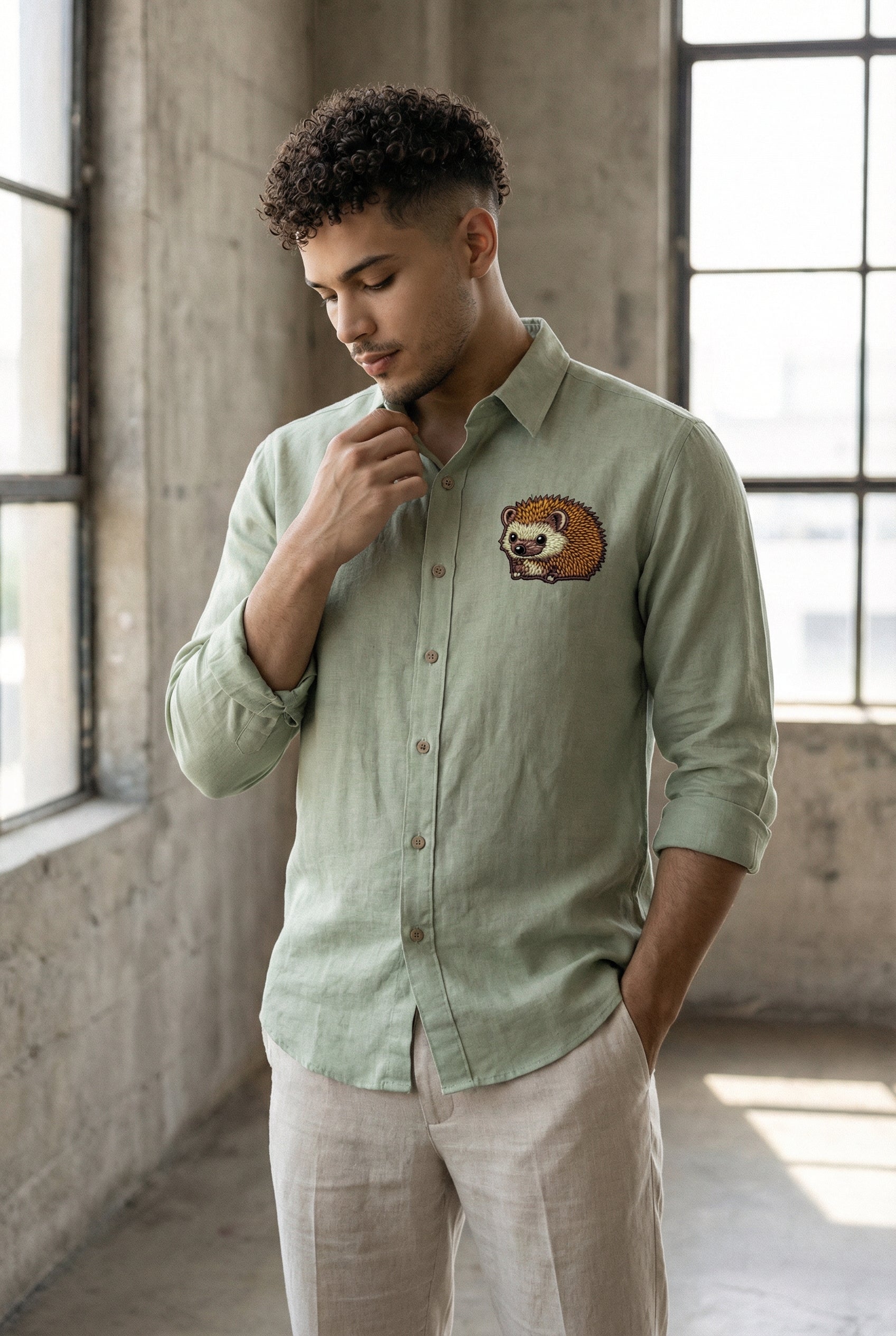 Woodland Charm Embroidered Shirt – Sage Green