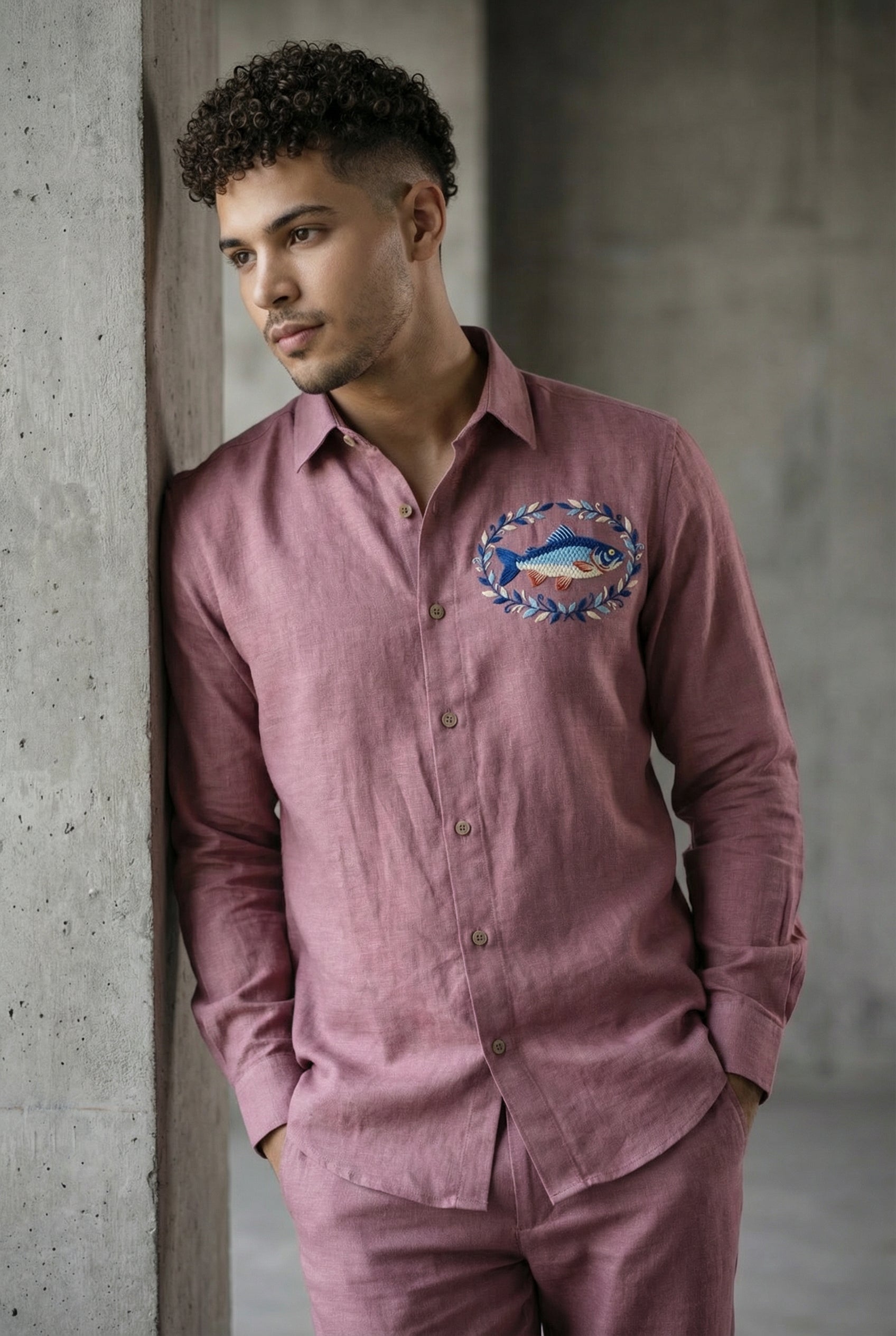 Ocean Crest Embroidered Shirt – Dusty Rose
