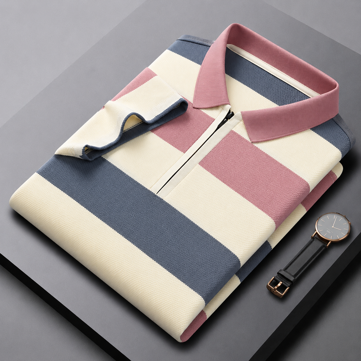 Men’s Pastel Blue Pink Striped Half-Zip Polo T-Shirt