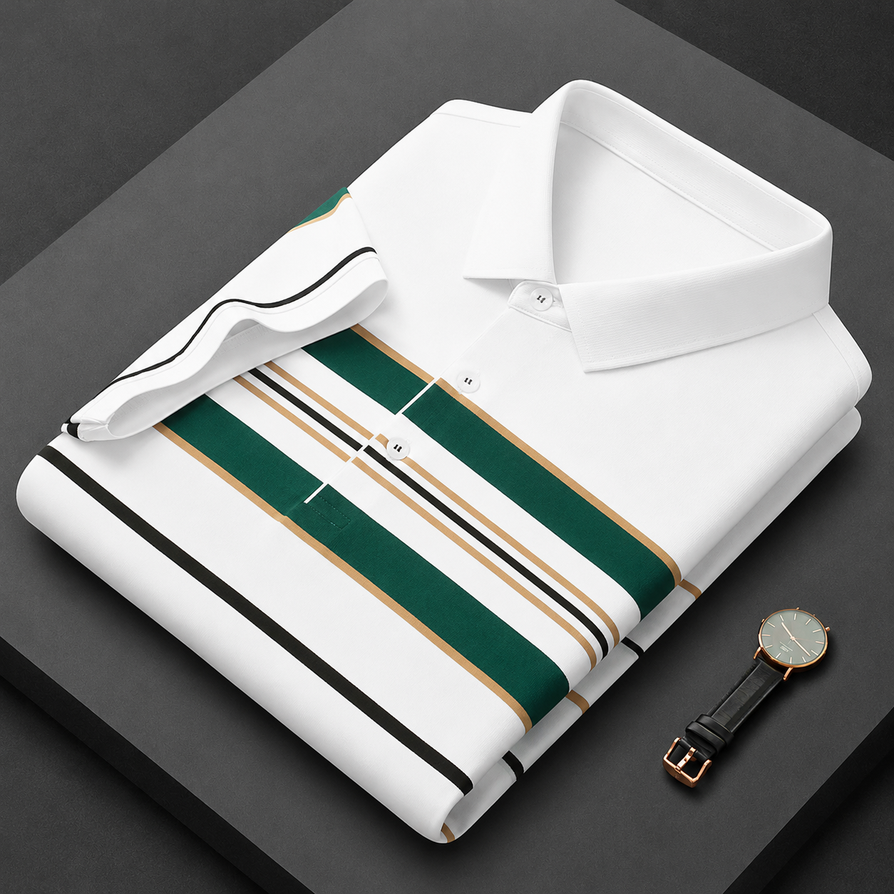 Men’s White Green Striped Polo T-Shirt