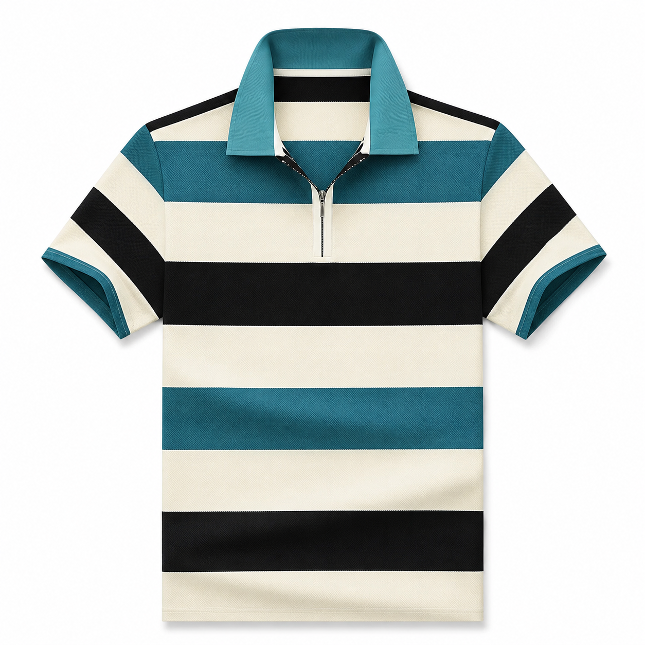 Men’s Teal Black Striped Half-Zip Polo T-Shirt