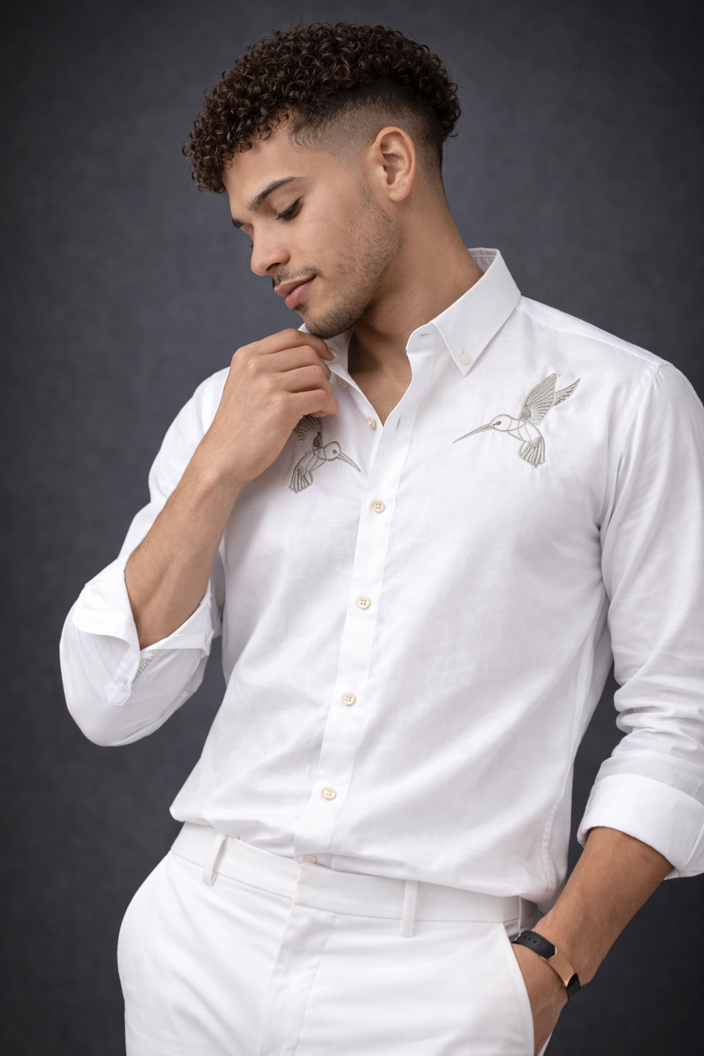 Goamen Riviera Twin Hummingbird Embroidered White Shirt