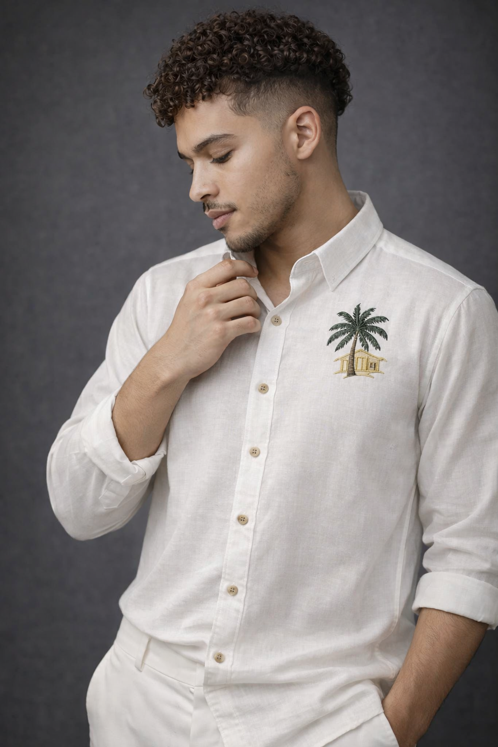 Goamen Riviera Palm Retreat Embroidered White Shirt