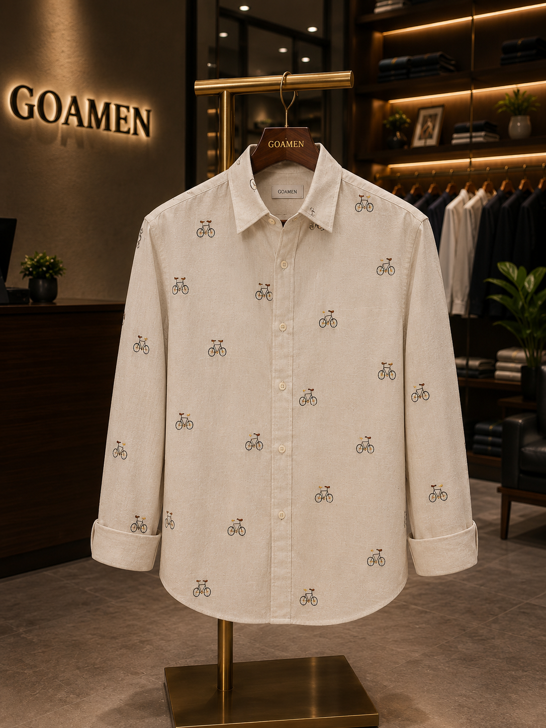 Men’s Cream Bicycle Embroidered Full Sleeve Shirt