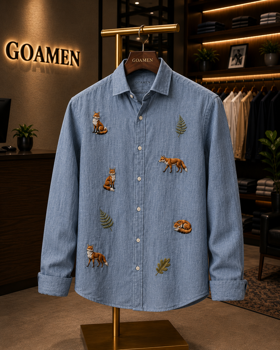 Men’s Sky Blue Fox Embroidered Full Sleeve Shirt