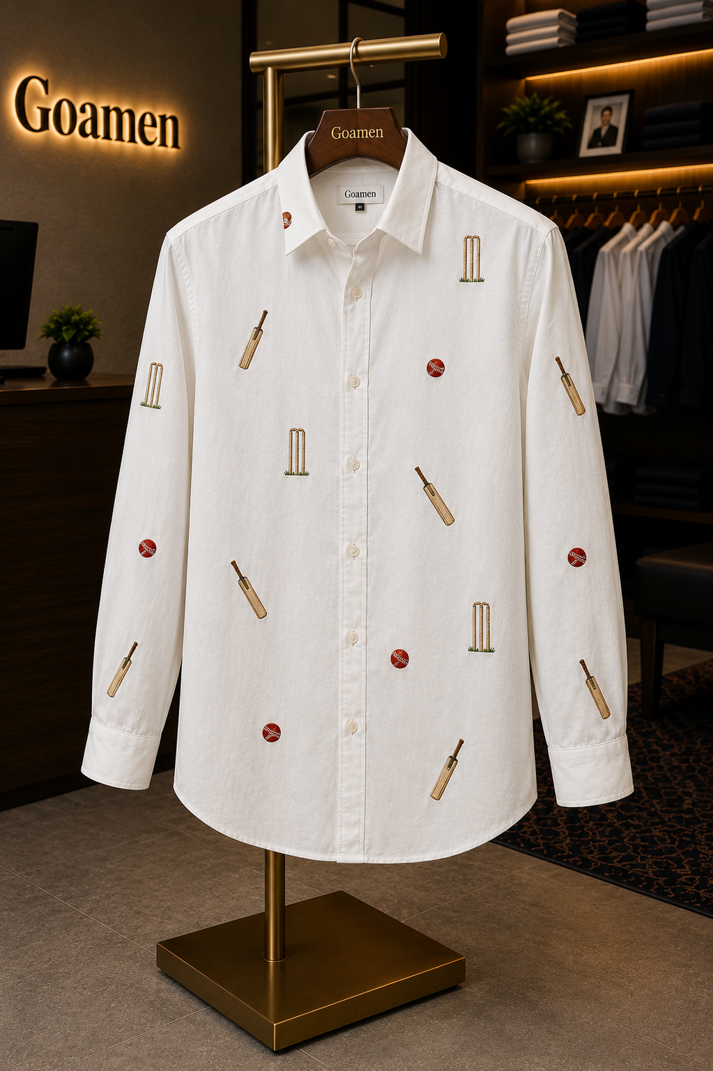 Men’s White Cricket Embroidered Full Sleeve Shirt