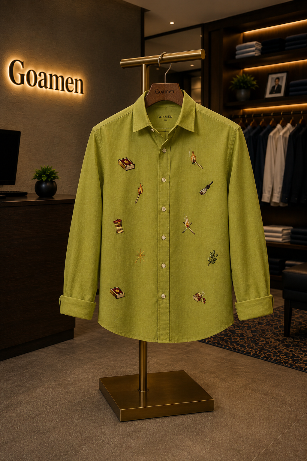 Men’s Olive Green Matchbox Embroidered Full Sleeve Shirt
