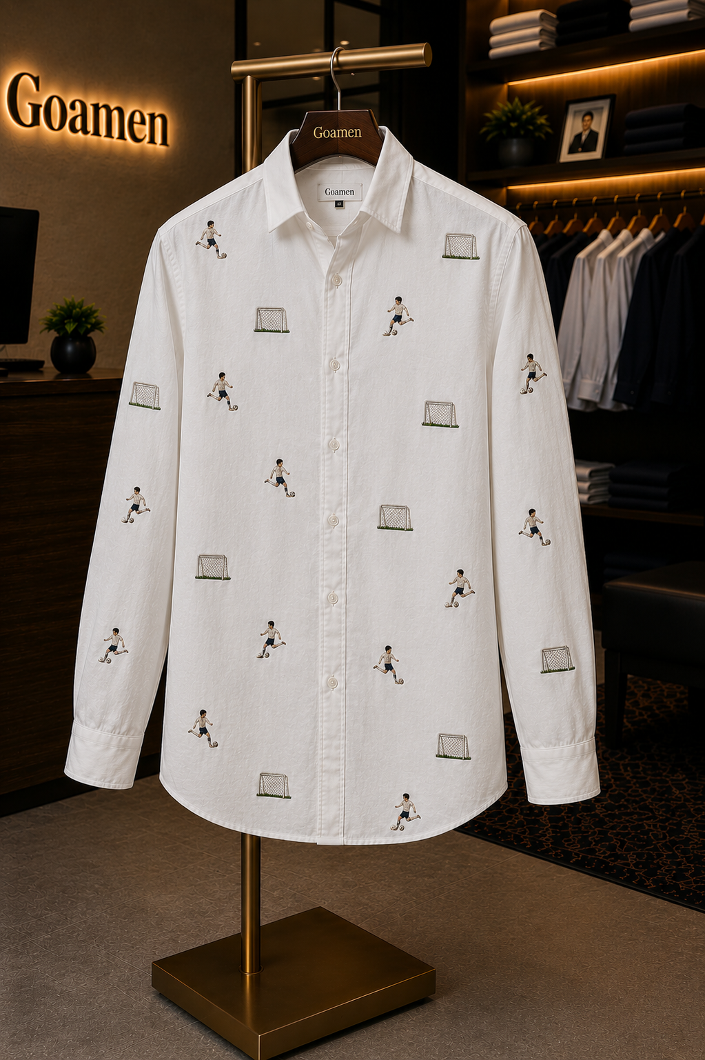 Men’s White Football Embroidered Full Sleeve Shirt