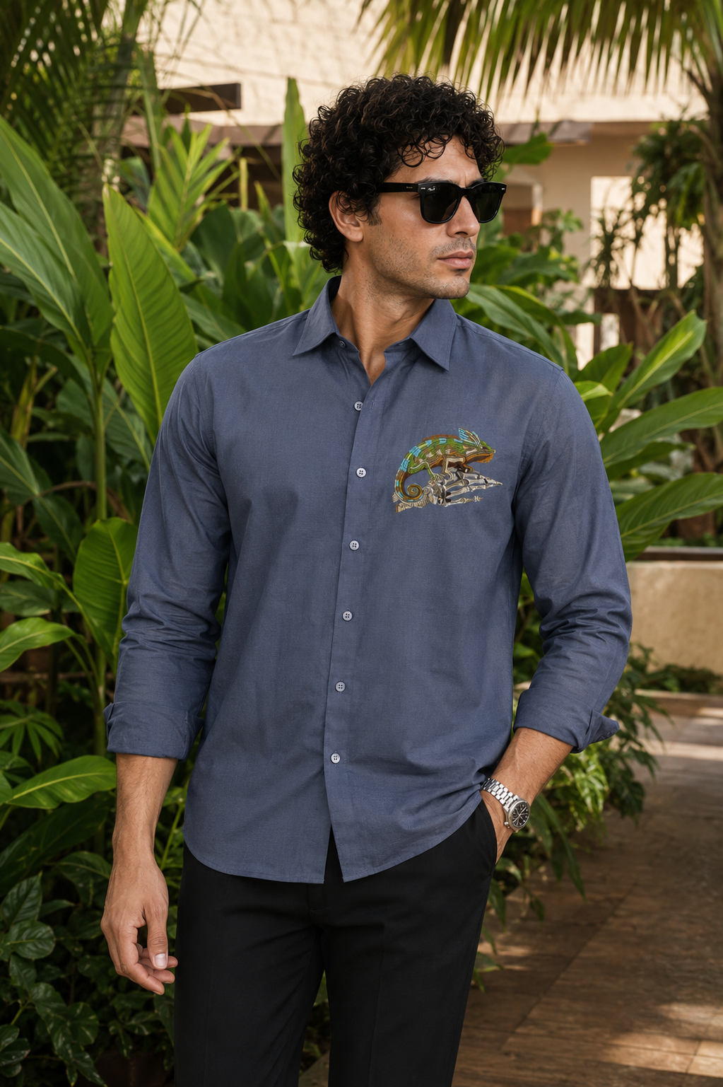 Goamen Chameleon Embroidered Premium Cotton Shirt – Slate Blue