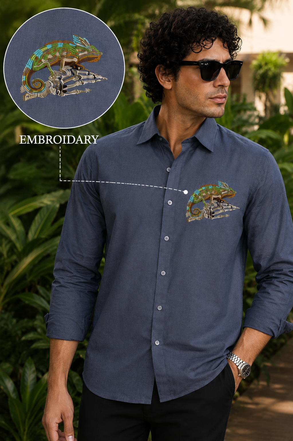 Goamen Chameleon Embroidered Premium Cotton Shirt – Slate Blue