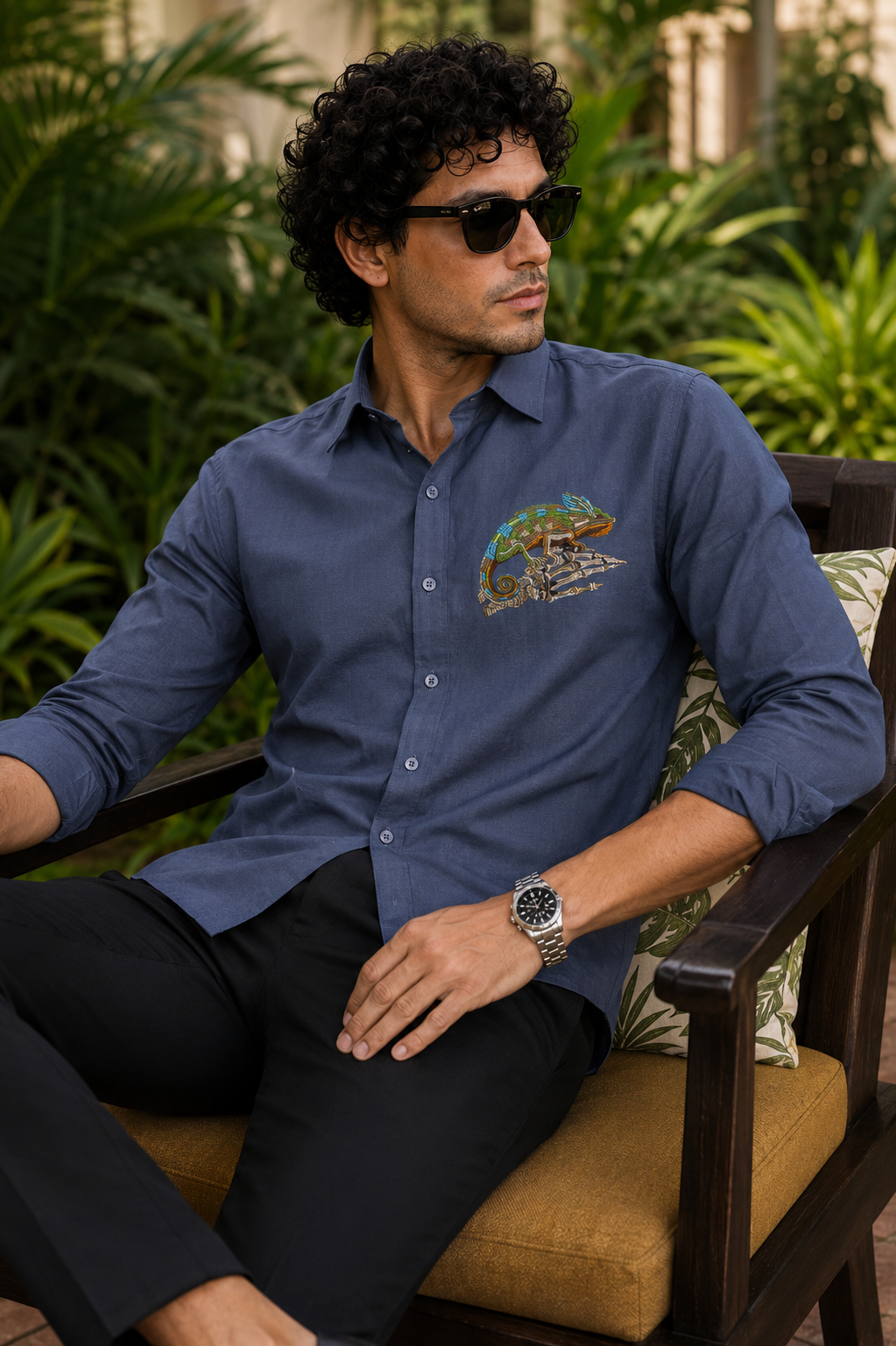 Goamen Chameleon Embroidered Premium Cotton Shirt – Slate Blue