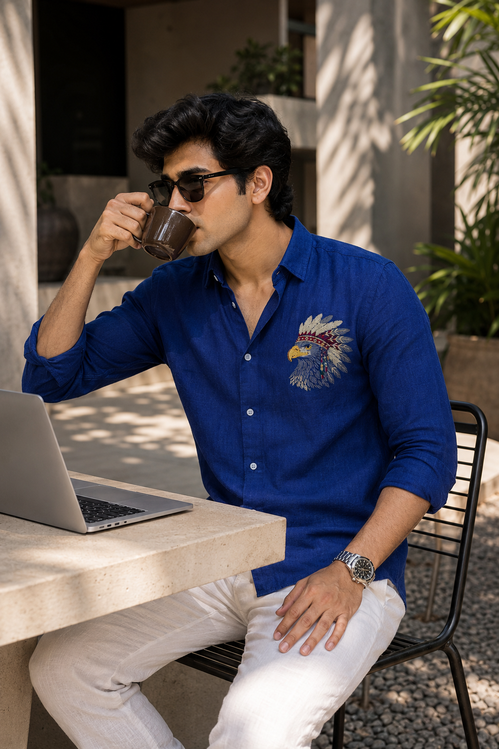 Goamen Royal Eagle Embroidered Linen Shirt – Cobalt Blue