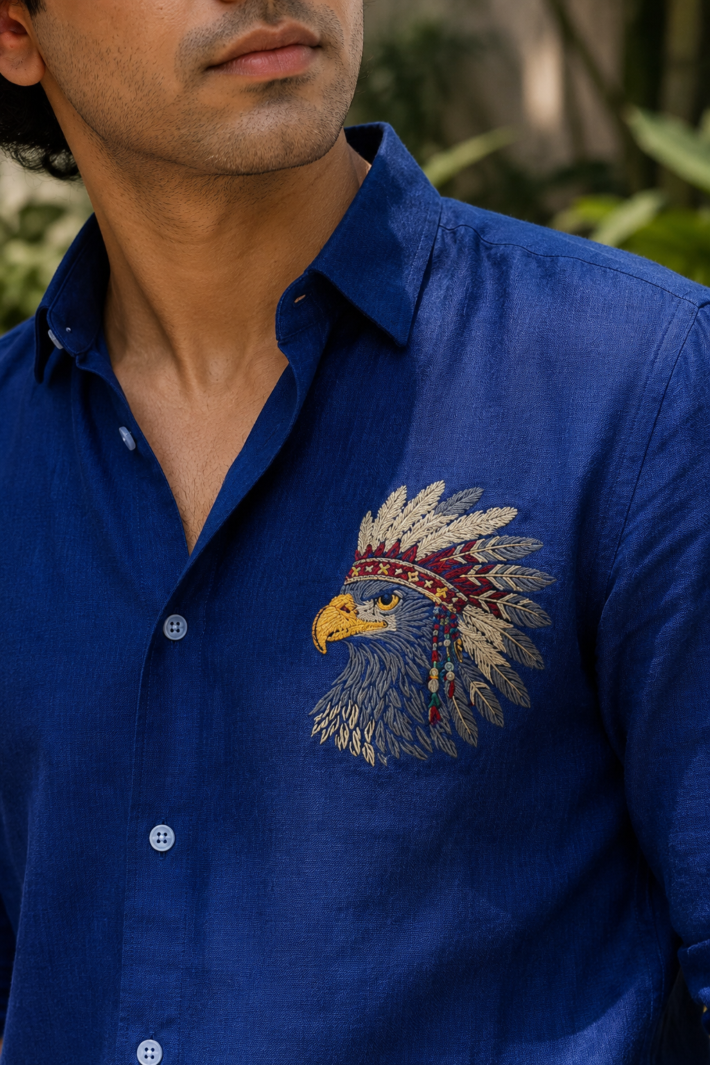 Goamen Royal Eagle Embroidered Linen Shirt – Cobalt Blue