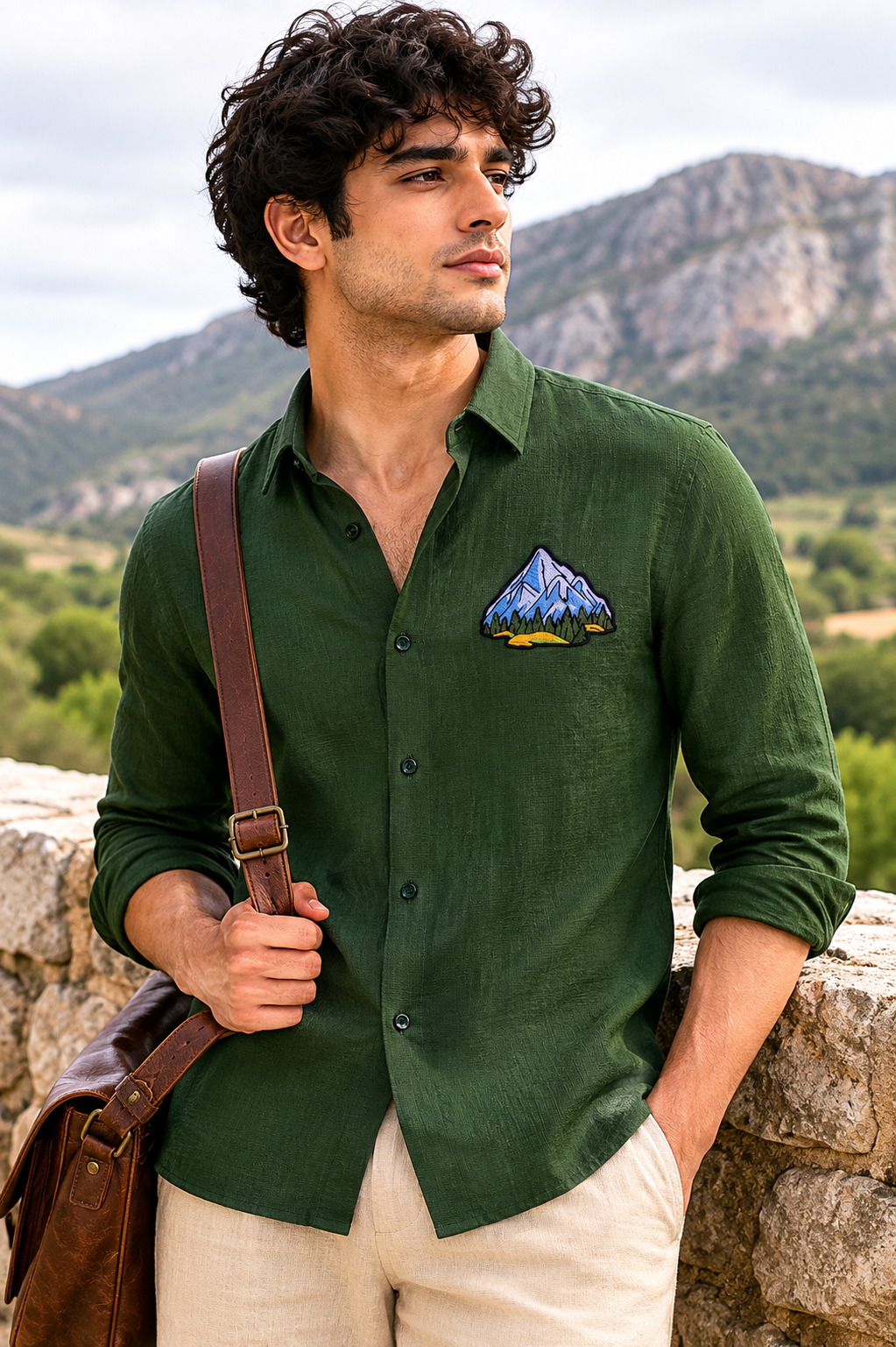 Goamen Alpine Peak Embroidered Linen Shirt – Forest Green
